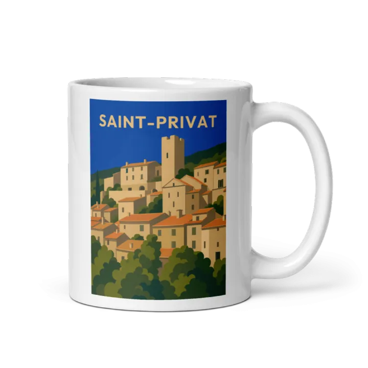 Mug — Affiche vintage de Saint-Privat (Hérault) et sa tour médiévale
