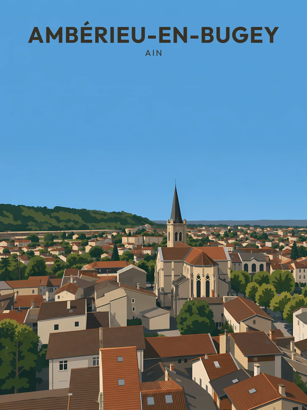 Illustration d'Ambérieu-en-Bugey, dans le département de l'Ain, réalisée dans un style d'affiche touristique vintage. La composition présente une vue panoramique de la commune, mettant en avant son église avec son clocher pointu, entourée de maisons aux toits variés. En arrière-plan, des collines verdoyantes ajoutent de la profondeur à la scène. Les couleurs dominantes sont des tons chauds et naturels, avec un ciel bleu clair qui illumine l'ensemble. Ambérieu-en-Bugey est remarquable pour son patrimoine architectural et son environnement naturel, faisant de cette commune un lieu de charme à découvrir.