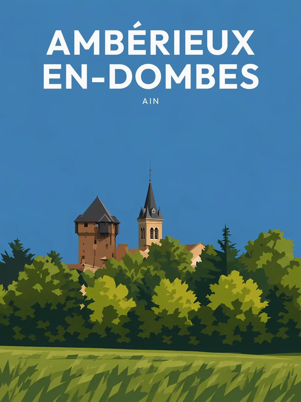 Illustration d'Ambérieux-en-Dombes, dans le département de l'Ain, réalisée dans un style d'affiche touristique vintage. L'image montre un château médiéval avec deux tours, entouré d'une végétation dense et de champs verdoyants. Le ciel est d'un bleu éclatant, mettant en valeur les formes géométriques simplifiées et les aplats de couleurs. Ambérieux-en-Dombes est remarquable pour son patrimoine médiéval et ses paysages naturels. Le château symbolise l'histoire riche de la région.