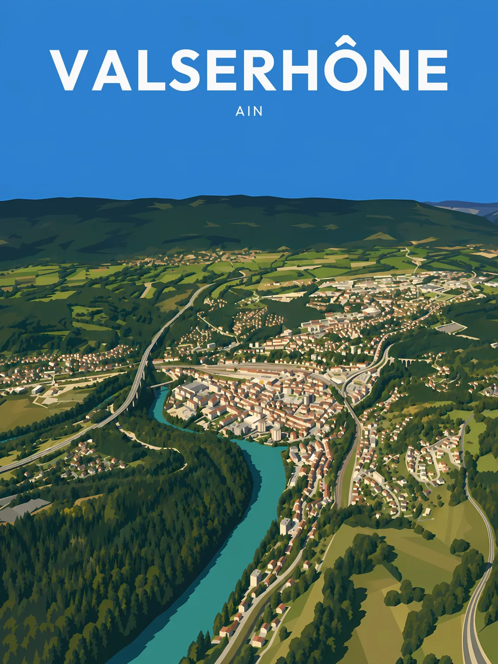 Illustration de Valserhône, dans le département de Ain, réalisée dans un style d'affiche touristique vintage. Cette vue aérienne montre une vallée verdoyante, avec des collines luxuriantes et une rivière qui traverse la commune. Les bâtiments sont disposés de manière harmonieuse au bord de l'eau, tandis que les couleurs vibrantes et les formes simplifiées évoquent un style rétro. Valserhône est remarquable pour son cadre naturel pittoresque et son ambiance tranquille, faisant de cette commune un lieu de choix pour les amoureux de la nature.