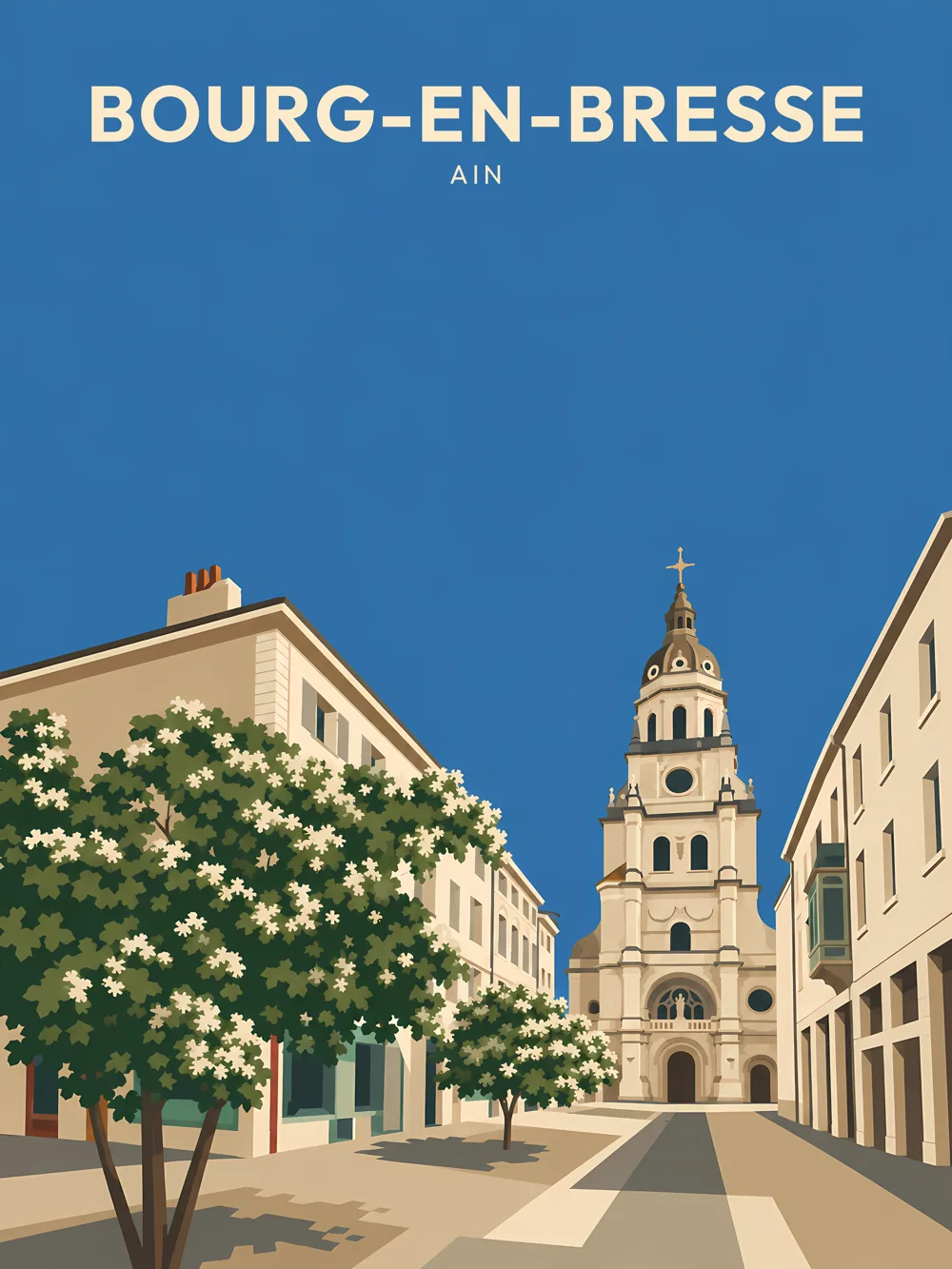 Illustration de Bourg-en-Bresse, dans le département de l'Ain, réalisée dans un style d'affiche touristique vintage. La composition montre une rue bordée de bâtiments clairs avec un église au dôme imposant en arrière-plan. Les arbres fleuris ajoutent une touche de nature, et le ciel d'un bleu profond illumine la scène. Le style graphique, avec ses aplats de couleurs et ses formes géométriques, évoque les affiches des années 1950. Bourg-en-Bresse est remarquable pour son patrimoine architectural, notamment son église emblématique. Le patrimoine local y est particulièrement valorisé.