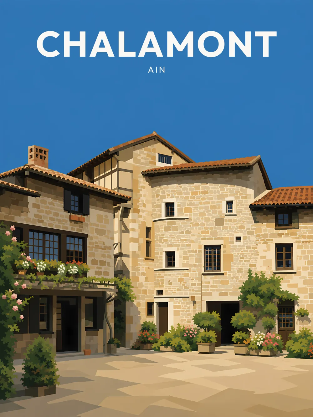 Illustration de Chalamont, dans le département de l'Ain, réalisée dans un style d'affiche touristique vintage. L'image montre un ancien bâtiment avec des murs en pierre, un toit en tuiles, et une cour agrémentée de plantes et de fleurs. Les couleurs sont chaudes, avec un ciel bleu en arrière-plan, et le style graphique utilise des formes géométriques simplifiées. Chalamont est remarquable pour son architecture traditionnelle et son ambiance villageoise. Le patrimoine local est un atout majeur pour cette commune.