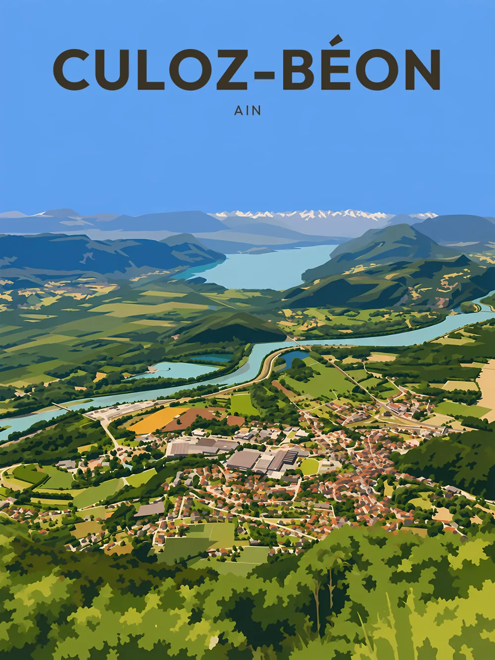 Illustration de Culoz-Béon, dans le département de l'Ain, réalisée dans un style d'affiche touristique vintage. La composition présente un panorama sur la commune, avec des collines verdoyantes et des champs en aplats de couleurs. Au centre, le village de Culoz-Béon est visible, entouré par la rivière et le paysage vallonné, tandis que les montagnes se dessinent à l'horizon. Ce tableau lumineux et coloré évoque la beauté naturelle de la région Auvergne-Rhône-Alpes, célèbre pour ses paysages et son patrimoine. Culoz-Béon est un lieu idéal pour les amoureux de la nature et de la tranquillité.