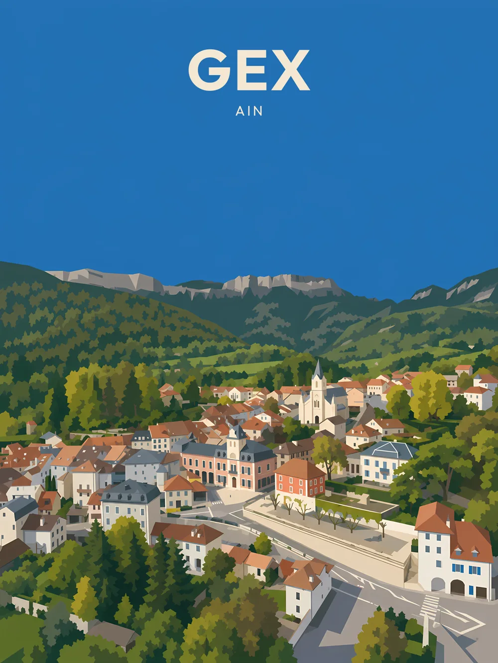 Illustration de Gex, dans le département de l'Ain, réalisée dans un style d'affiche touristique vintage. La composition montre un panorama sur la commune avec des maisons aux toits rouges et blancs, entourées de verdure et de montagnes en arrière-plan. Le ciel est d'un bleu profond, créant un contraste saisissant avec la nature environnante. Le style graphique se caractérise par des formes géométriques simplifiées et des aplats de couleurs. Gex est remarquable pour sa proximité avec le Jura et son patrimoine architectural. La commune valorise un cadre naturel exceptionnel.