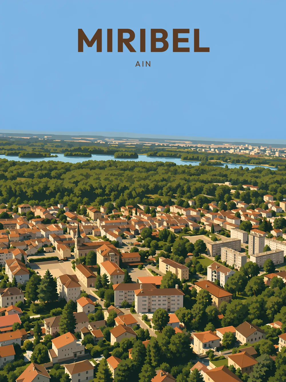 Illustration de Miribel, dans le département de l'Ain, réalisée dans un style d'affiche touristique vintage. La composition offre une vue aérienne de la commune, où l'on aperçoit des maisons aux toits de tuiles orangées, entourées de verdure luxuriante et de la rivière d'Ain en arrière-plan. La lumière douce et les aplats de couleurs créent une ambiance chaleureuse et accueillante. Miribel est remarquable pour son cadre naturel et son patrimoine architectural, offrant une qualité de vie appréciée par ses habitants.