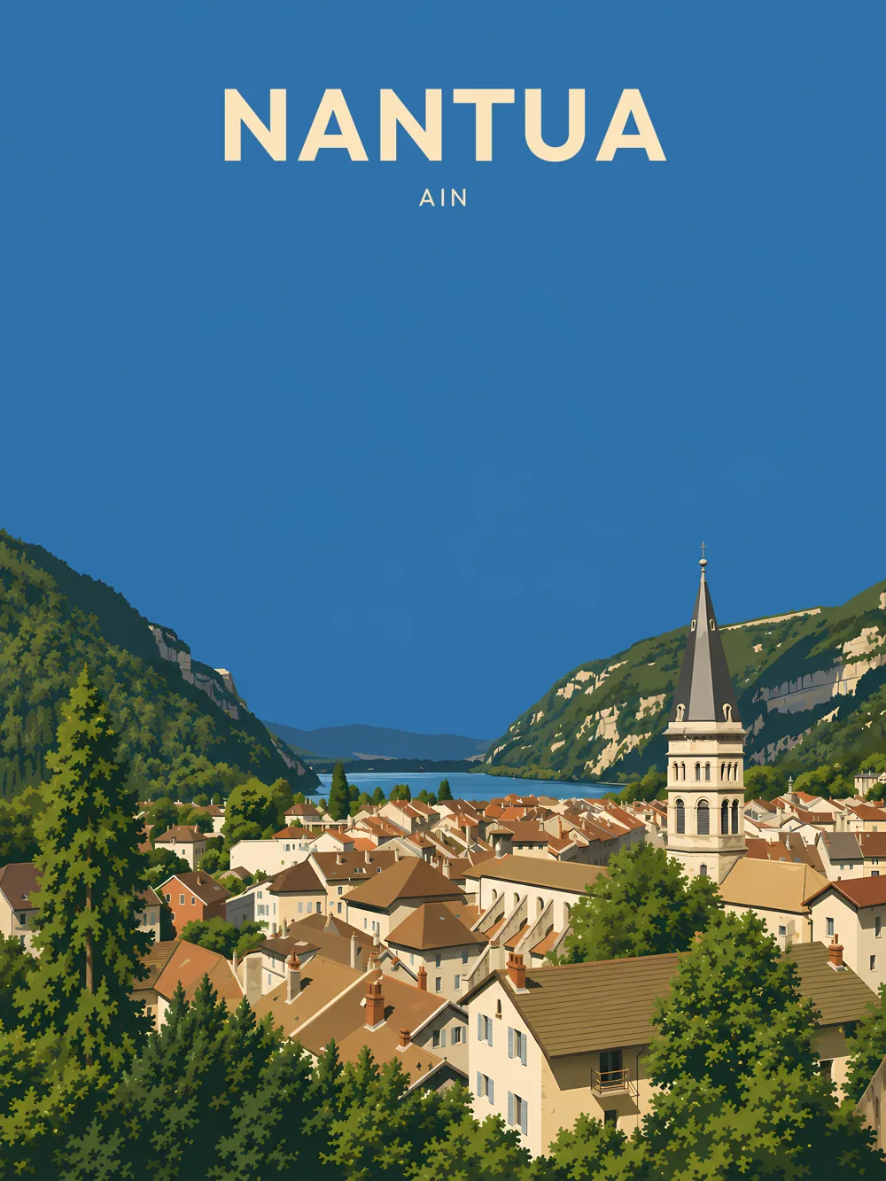 Illustration de Nantua, dans le département de l'Ain, réalisée dans un style d'affiche touristique vintage. La composition présente une vue panoramique de la commune, avec un clocher élancé au premier plan, entouré de maisons aux toits en tuiles. En arrière-plan, le lac de Nantua s'étend entre les montagnes verdoyantes, sous un ciel bleu. Ce paysage vibrant, caractérisé par des aplats de couleur et des formes géométriques simplifiées, souligne l'attrait naturel de la région. Nantua est connue pour son lac et ses paysages pittoresques, faisant d'elle une destination de choix pour les amoureux de la nature.