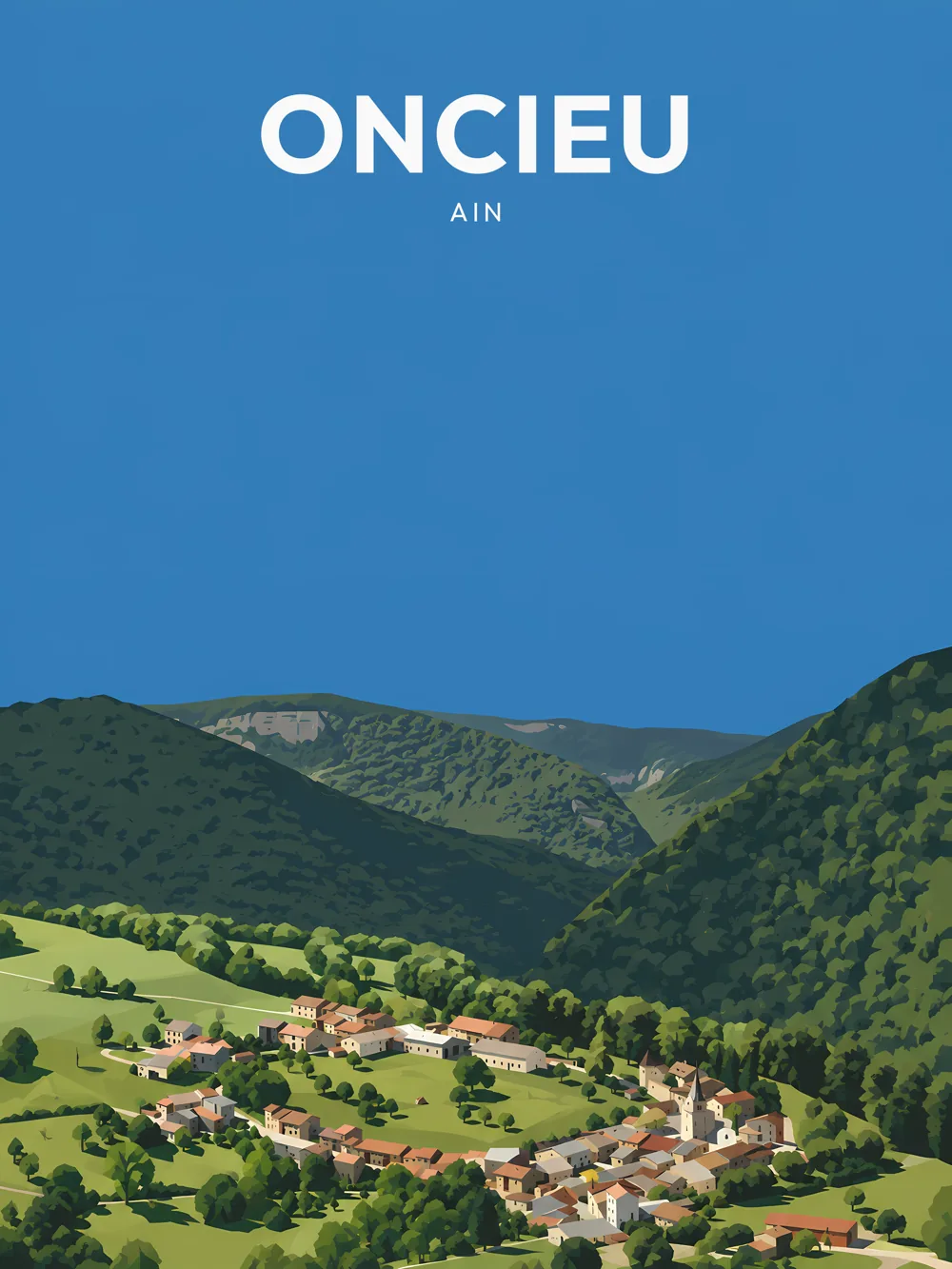 Illustration d'Oncieu, dans le département de l'Ain, réalisée dans un style d'affiche touristique vintage. La composition présente le village d'Oncieu entouré de collines verdoyantes, avec des maisons traditionnelles en bas et un ciel bleu limpide. Les formes géométriques et les aplats de couleurs évoquent une ambiance rétro. Oncieu est remarquable pour son cadre naturel et son patrimoine rural. La commune offre un panorama apaisant, idéal pour les amateurs de paysages bucoliques.