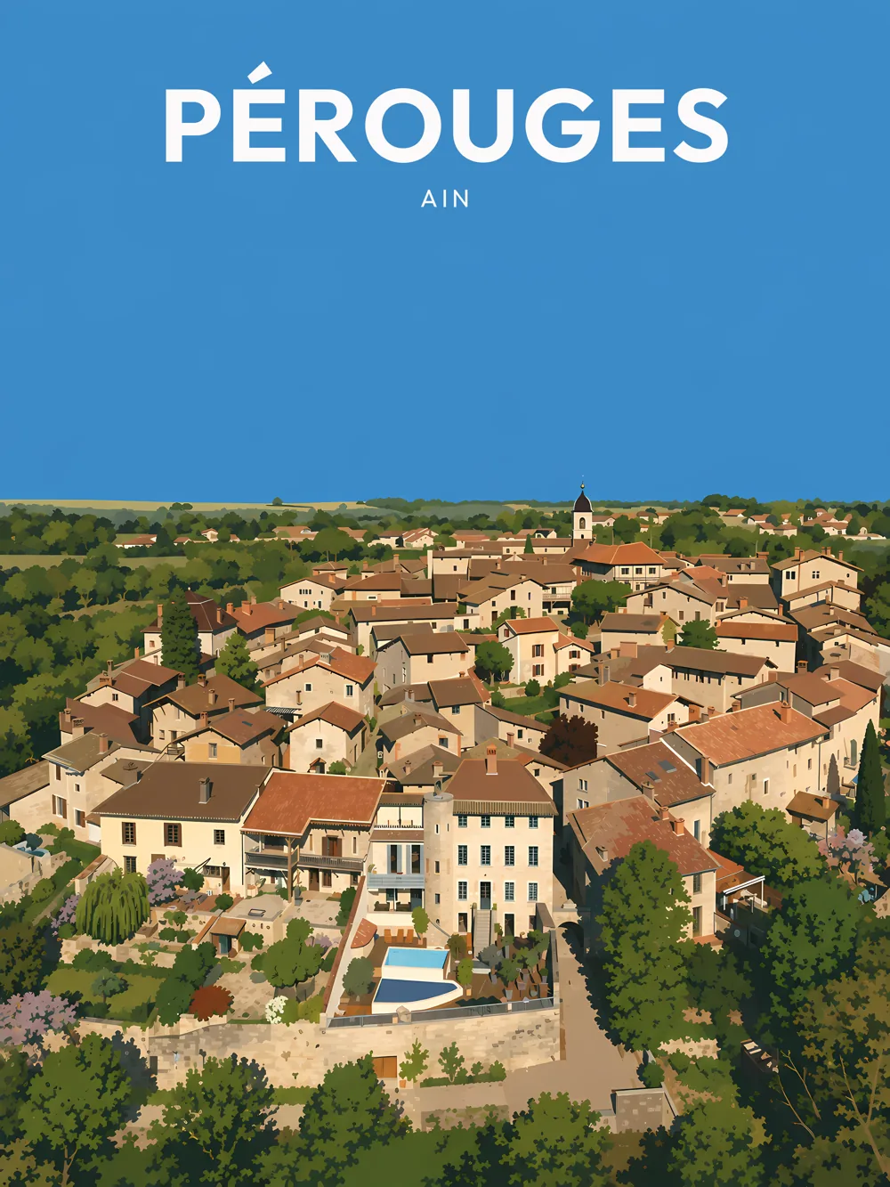 Illustration de Pérouges, dans le département de l'Ain, réalisée dans un style d'affiche touristique vintage. La composition présente une vue aérienne du village médiéval, mettant en avant les maisons aux toits de tuiles et les ruelles sinueuses. La végétation environnante crée un contraste agréable avec les bâtiments, et la lumière éclaire la scène d'une manière chaleureuse. Pérouges est remarquable pour son patrimoine médiéval bien préservé, attirant les visiteurs à la recherche de souvenirs d'un passé authentique. Le village est un véritable témoignage de l'histoire locale.