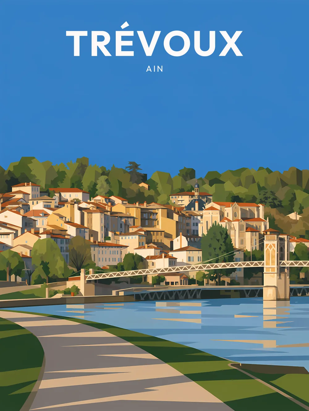 Illustration de Trévoux, dans le département de l'Ain, réalisée dans un style d'affiche touristique vintage. On y aperçoit un chemin qui longe le fleuve, avec en arrière-plan des maisons aux teintes chaudes s'élevant sur une colline verdoyante. Le pont en métal, typique de l'architecture locale, traverse le cours d'eau, tandis que la lumière du jour accentue les couleurs vives de la scène. Trévoux est remarquable pour son histoire riche et son cadre naturel. Le patrimoine local y est valorisé par la beauté de son environnement.