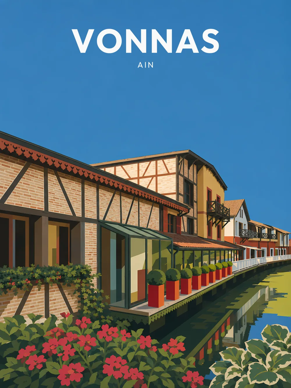 Illustration de Vonnas, dans le département de Ain, réalisée dans un style d'affiche touristique vintage. Cette composition présente des maisons à colombages le long d'un canal, avec des fleurs colorées au premier plan. Le ciel bleu crée un contraste agréable avec les façades en briques et les végétaux. L'affiche se caractérise par des aplats de couleurs et des formes géométriques simplifiées, typiques du style rétro. Vonnas est remarquable pour son architecture charmante et son ambiance paisible. Le patrimoine local est valorisé par cette représentation graphique.