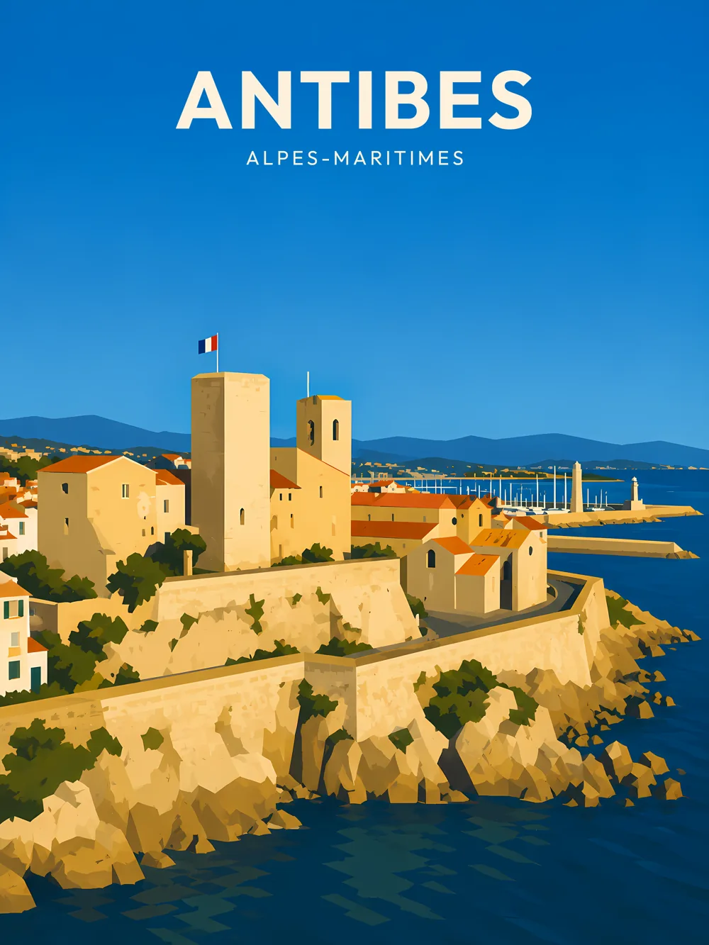 Illustration d'Antibes, dans le département des Alpes-Maritimes, réalisée dans un style d'affiche touristique vintage. La composition met en avant les remparts de la ville, avec des tours médiévales et des maisons colorées surplombant la mer. Le paysage marin est agrémenté de bateaux et de collines à l'arrière-plan, sous un ciel bleu éclatant. Cette commune est remarquable pour son patrimoine historique et son ambiance méditerranéenne. Le patrimoine local est valorisé par ses sites historiques et ses paysages côtiers exceptionnels.