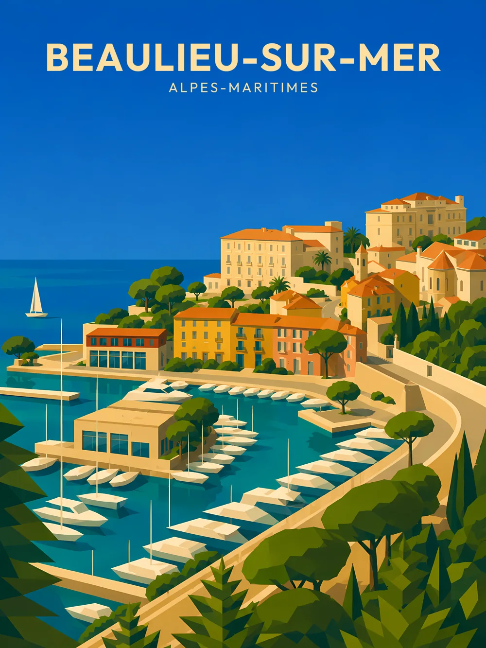 Illustration de Beaulieu-sur-Mer, dans le département des Alpes-Maritimes, réalisée dans un style d'affiche touristique vintage. L'image montre le port animé avec des yachts amarrés, des maisons colorées surplombant la mer, ainsi que des palmiers ajoutant une touche tropicale. Le ciel bleu intense et les couleurs chaudes créent une atmosphère accueillante et lumineuse. Beaulieu-sur-Mer est remarquable pour son architecture élégante et son cadre naturel. Le patrimoine local est mis en valeur par cette illustration, qui capture l'essence de cette belle commune de la Côte d'Azur.