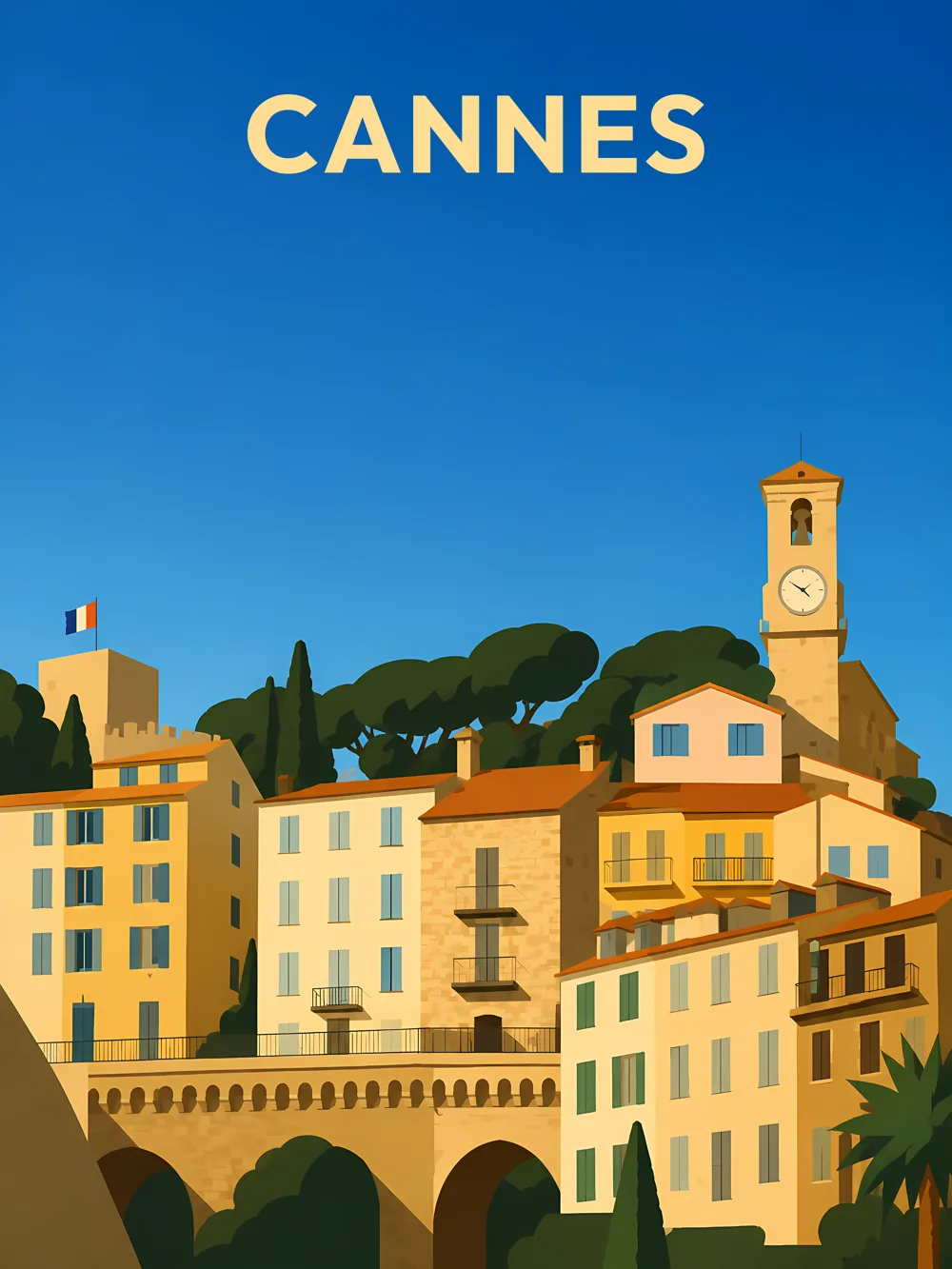 Illustration de Cannes, dans le département des Alpes-Maritimes, réalisée dans un style d'affiche touristique vintage. La composition met en avant des maisons colorées aux façades dorées et blanches, surplombées par un ciel bleu vibrant. Un clocher avec une horloge se détache, accompagné d'arbres verdoyants. La scène illustre parfaitement l'architecture méditerranéenne et l'ambiance chaleureuse de la région Provence-Alpes-Côte d'Azur. Cannes est réputée pour son glamour et son patrimoine culturel, ce qui en fait une destination prisée. Le patrimoine local est valorisé par le style graphique rétro de l'affiche.