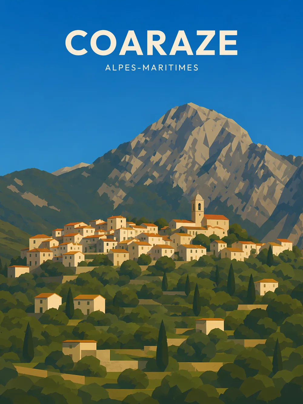 Illustration de Coaraze, dans le département des Alpes-Maritimes, réalisée dans un style d'affiche touristique vintage. Cette composition met en avant un village perché sur une colline, avec des maisons aux toits de tuiles et un clocher central, le tout encadré par des montagnes impressionnantes. La palette de couleurs chaudes et la lumière éclatante évoquent une atmosphère méditerranéenne. Coaraze est un lieu remarquable pour son patrimoine historique et ses paysages enchanteurs, témoignant de la beauté de la région Provence-Alpes-Côte d'Azur.