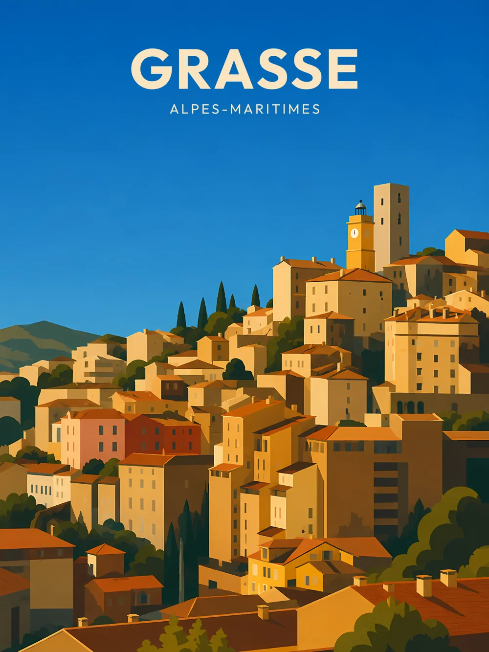 Illustration de Grasse, dans le département des Alpes-Maritimes, réalisée dans un style d'affiche touristique vintage. La composition présente une vue panoramique de la ville, avec des maisons aux façades colorées et des collines verdoyantes en arrière-plan. Le ciel est d'un bleu éclatant, tandis que la lumière met en valeur les teintes chaudes des bâtiments. Grasse est célèbre pour son industrie de la parfumerie et son patrimoine culturel riche. Cette illustration valorise le charme unique de la commune et son cadre méditerranéen.