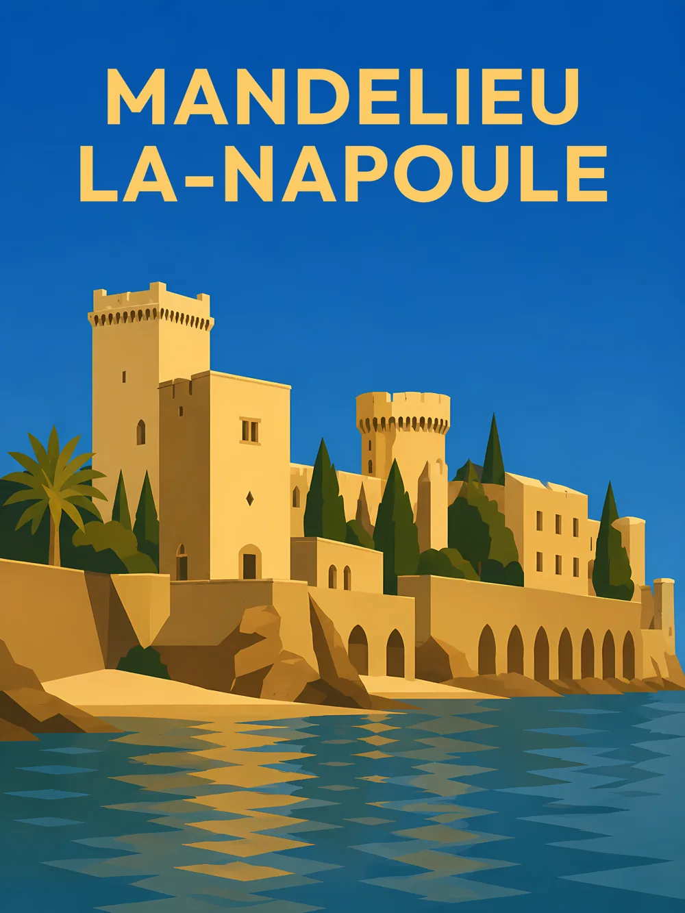 Illustration de Mandelieu-la-Napoule, dans le département des Alpes-Maritimes, réalisée dans un style d'affiche touristique vintage. L'image montre le château médiéval surplombant la mer, avec ses tours et ses murs beige, entouré de palmiers et de pins. Les couleurs chaudes dominent, créant une ambiance méditerranéenne sous un ciel bleu éclatant. Mandelieu-la-Napoule est remarquable pour son patrimoine architectural et ses paysages côtiers. Le château témoigne de l'histoire locale et de la beauté naturelle de la région.