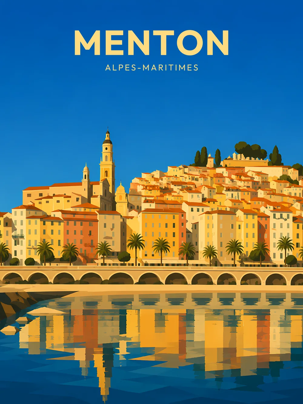 Illustration de Menton, dans le département des Alpes-Maritimes, réalisée dans un style d'affiche touristique vintage. Cette composition montre des maisons colorées sur les collines, avec un reflet dans l'eau au premier plan. L'architecture méditerranéenne se mêle à une végétation luxuriante, tandis que le ciel bleu intense illumine la scène. Menton est remarquable pour son climat doux et ses jardins, faisant d'elle une destination prisée sur la Côte d'Azur. Le patrimoine local, riche et diversifié, mérite d'être découvert.
