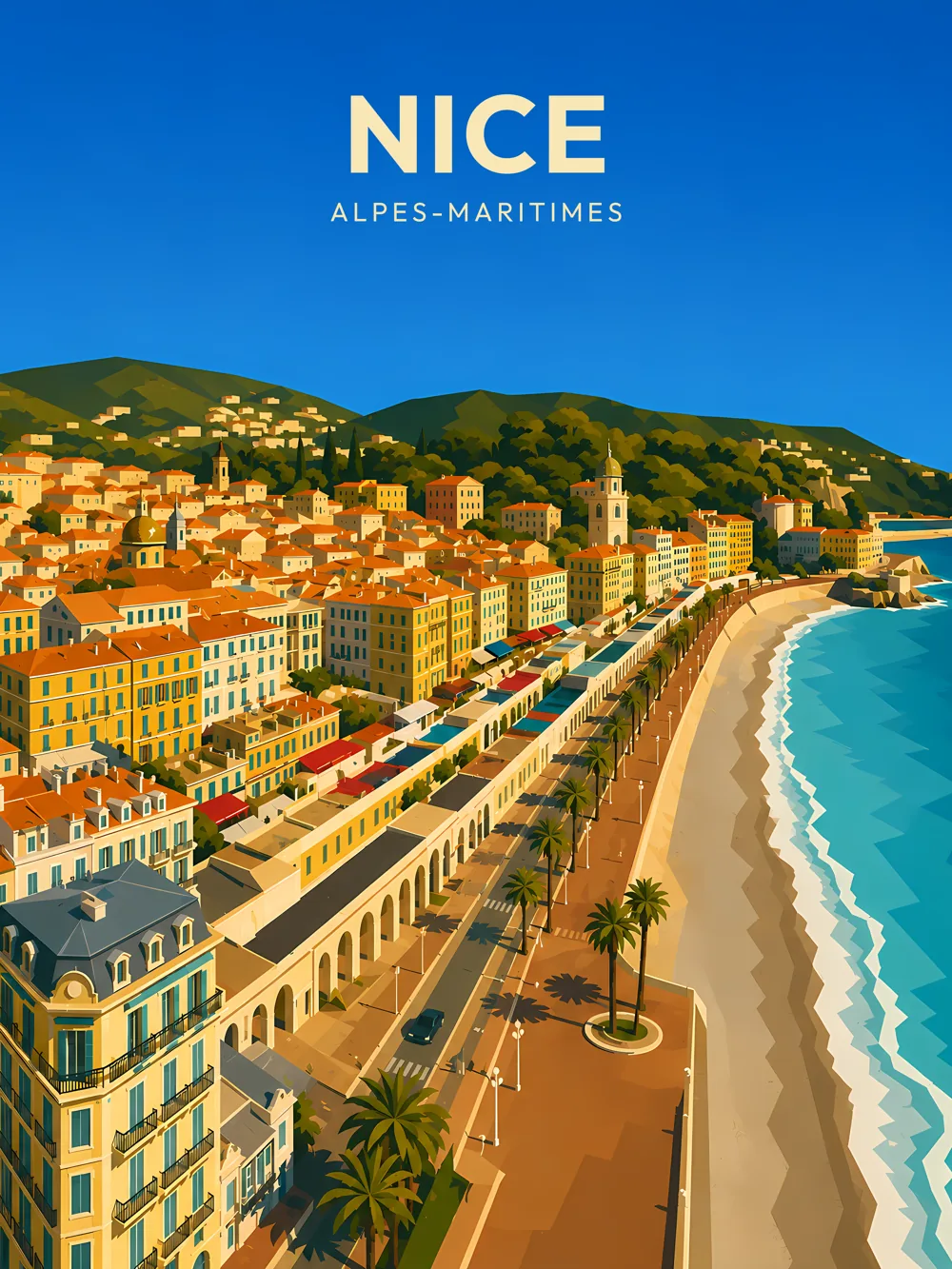 Illustration de Nice, dans le département des Alpes-Maritimes, réalisée dans un style d'affiche touristique vintage. La composition montre une vue panoramique de la ville avec ses bâtiments colorés surplombant la plage. On peut apercevoir une promenade bordée de palmiers, des arceaux et des parasols, tandis que les collines verdoyantes se dessinent en arrière-plan sous un ciel bleu éclatant. Nice est connue pour son ambiance méditerranéenne et son riche patrimoine architectural, offrant un cadre idéal pour les visiteurs.