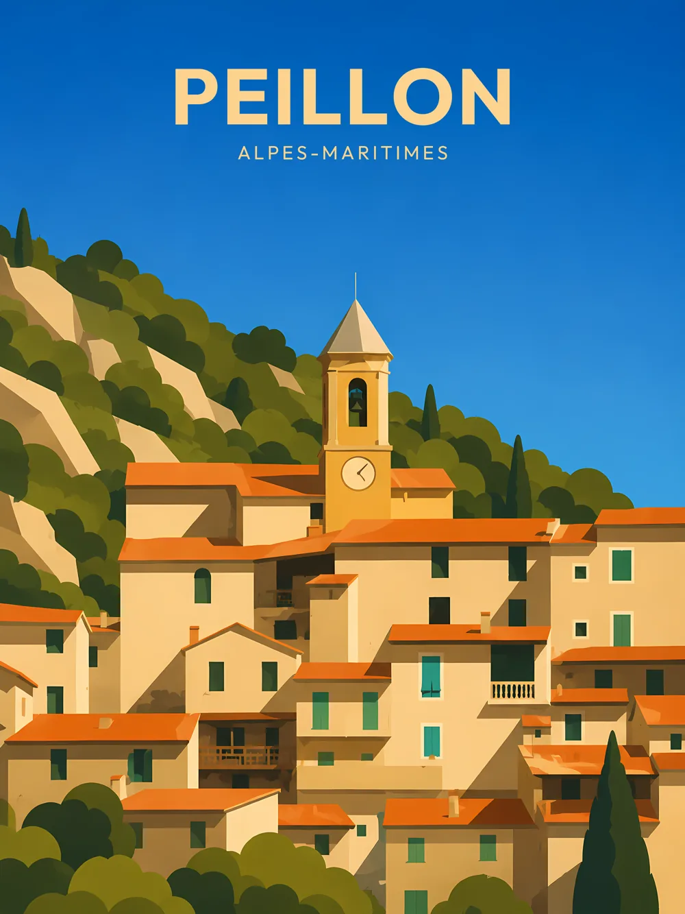 Illustration de Peillon, dans le département des Alpes-Maritimes, réalisée dans un style d'affiche touristique vintage. L'image présente un village médiéval perché avec des maisons aux façades claires et des toits en tuiles rouges, surmonté d'un clocher. La composition met en valeur la verdure des collines environnantes, sous un ciel bleu éclatant. Le style graphique rétro se caractérise par des aplats de couleurs et des formes simplifiées. Peillon est remarquable par son patrimoine et son ambiance sereine, témoignant de l'architecture provençale traditionnelle.