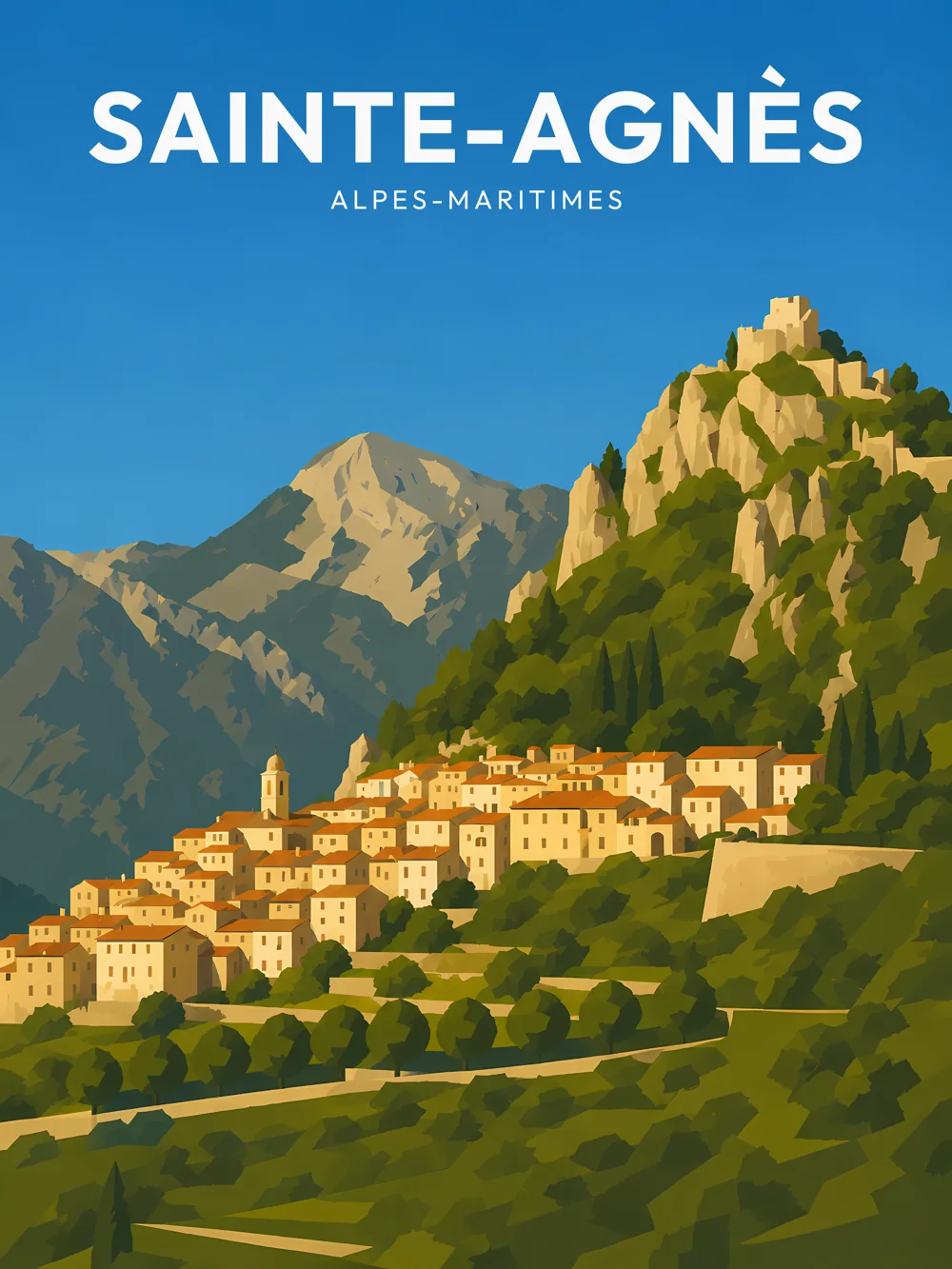 Illustration de Sainte-Agnès, dans le département des Alpes-Maritimes, réalisée dans un style d'affiche touristique vintage. La composition montre le village de Sainte-Agnès sur une colline, entouré de montagnes. On aperçoit des maisons aux façades claires, des arbres et des terrasses verdoyantes, le tout sous un ciel lumineux. Les couleurs dominantes sont des tons de vert et de beige, accentués par des ombres douces. Sainte-Agnès est remarquable pour son patrimoine médiéval et ses paysages naturels. La commune valorise un cadre de vie exceptionnel et un riche héritage culturel.