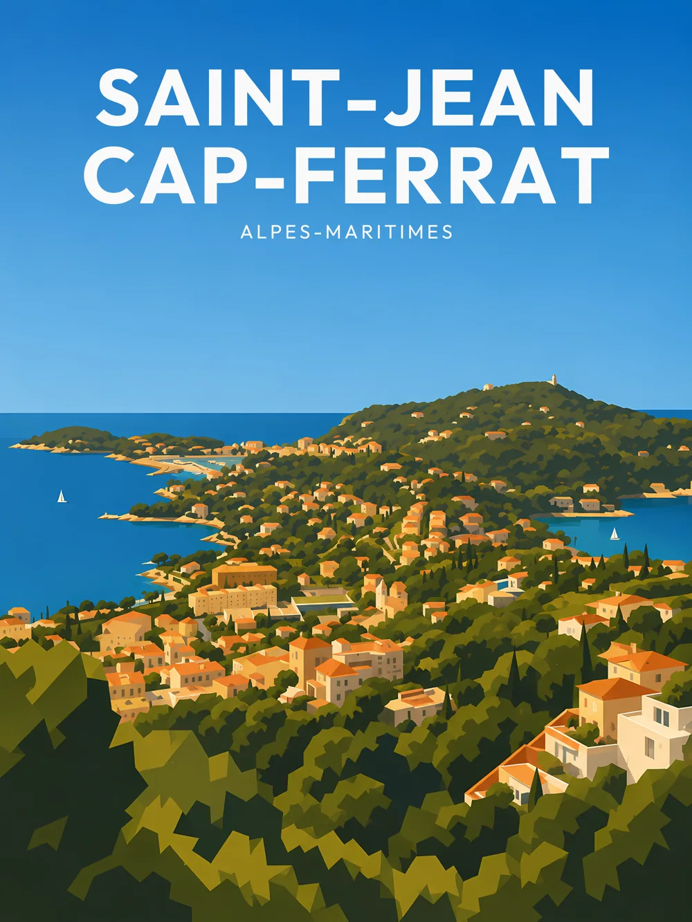 Illustration de Saint-Jean-Cap-Ferrat, dans le département des Alpes-Maritimes, réalisée dans un style d'affiche touristique vintage. L'image présente un panorama de la commune avec des maisons aux teintes chaudes, des collines verdoyantes et la mer Méditerranée en arrière-plan. Les couleurs vives et la lumière éclatante évoquent l'ensoleillement de la région. Saint-Jean-Cap-Ferrat est réputée pour ses paysages magnifiques et son ambiance sereine, faisant de cette commune un lieu d'exception sur la Côte d'Azur.