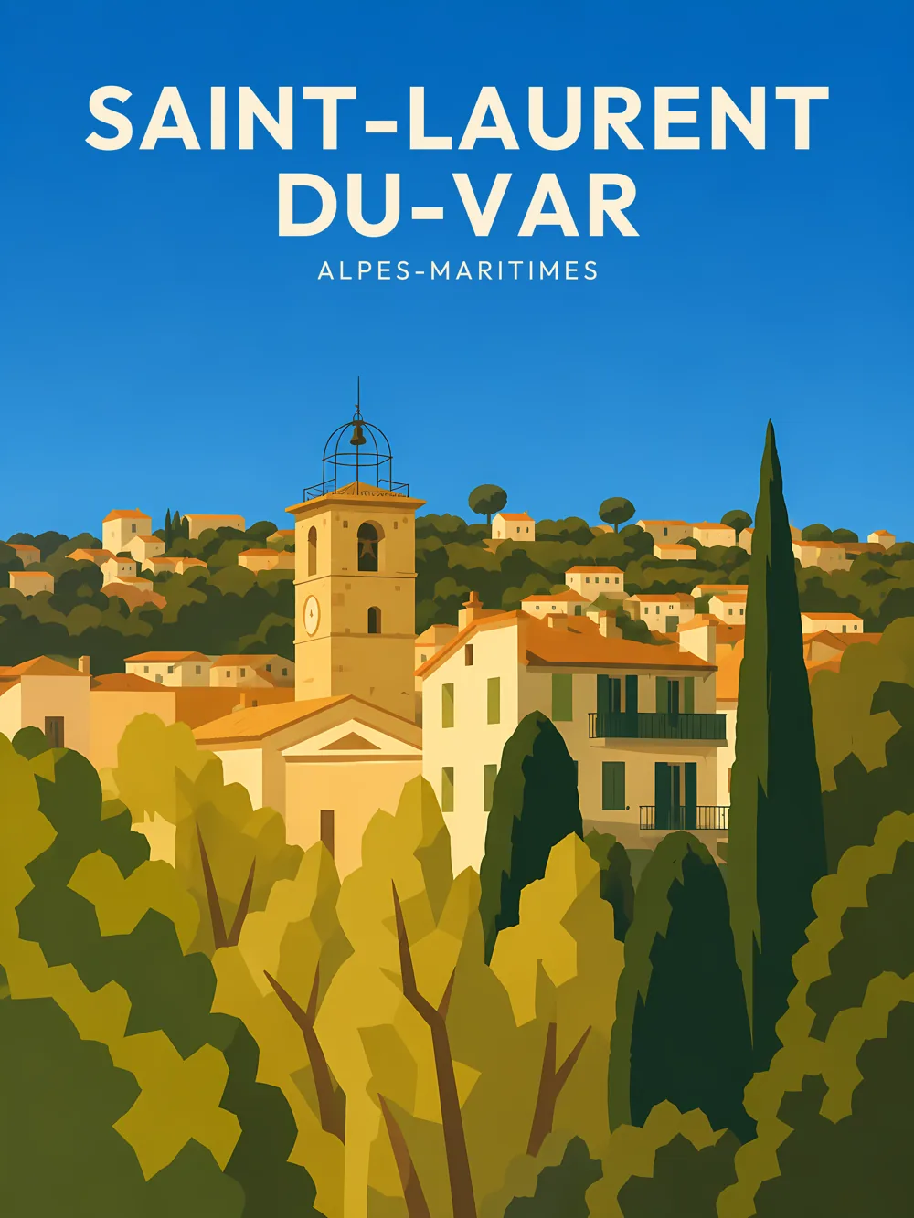 Illustration de Saint-Laurent-du-Var, dans le département des Alpes-Maritimes, réalisée dans un style d'affiche touristique vintage. La composition met en avant le clocher du village, surplombant des maisons typiques entourées de verdure. Les couleurs sont chaudes et lumineuses, avec un ciel bleu et des aplats de couleurs évoquant un style rétro. Saint-Laurent-du-Var est connu pour sa beauté naturelle et son patrimoine architectural, faisant de cette commune un lieu de visite prisé sur la Côte d'Azur.