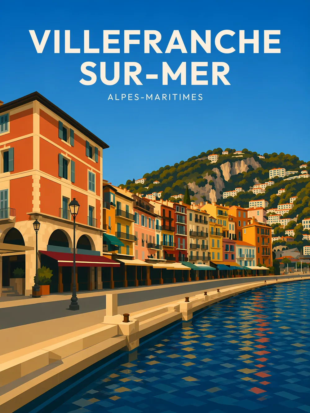 Illustration de Villefranche-sur-Mer, dans le département des Alpes-Maritimes, réalisée dans un style d'affiche touristique vintage. On y voit le port avec ses façades colorées, des bâtiments typiques en bord de mer, et une colline verdoyante en arrière-plan. Les couleurs vives et la lumière éclatante créent une ambiance estivale. Villefranche-sur-Mer est remarquable pour son patrimoine maritime et son magnifique paysage côtier. Cette commune offre une expérience inoubliable aux visiteurs attirés par la beauté de la Côte d'Azur.