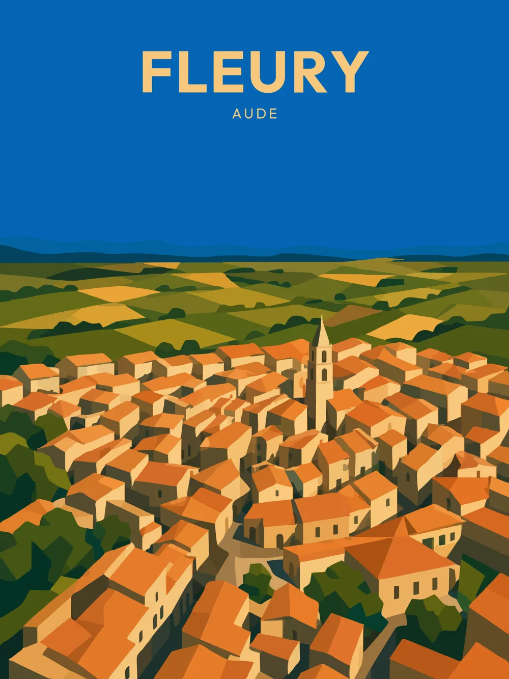 Illustration de Fleury, dans le département de l'Aude, réalisée dans un style d'affiche touristique vintage. La composition présente un panorama aérien du village avec ses maisons aux toits orangés, un clocher central et des champs verdoyants en arrière-plan. Les couleurs chaudes et la lumière lumineuse évoquent une ambiance estivale. Fleury est remarquable pour son patrimoine rural et son cadre naturel enchanteur, faisant de cette commune un lieu d'intérêt pour les amoureux de la nature et de l'histoire.