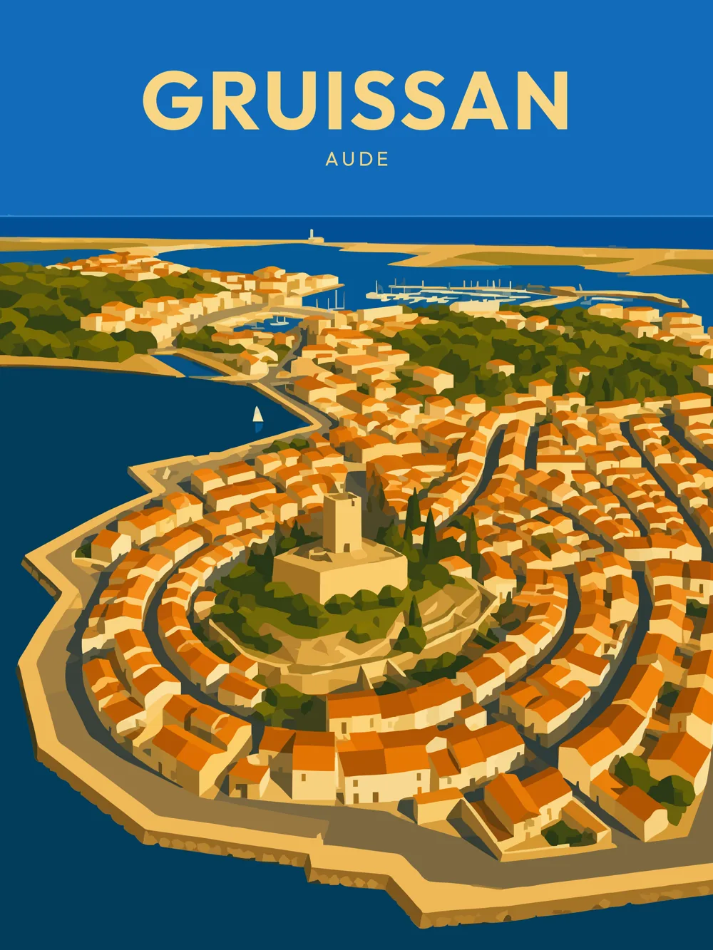 Illustration de Gruissan dans l'Aude réalisée dans un style d'affiche touristique vintage. L'image représente le célèbre village circulaire organisé autour de la Tour Barberousse, entouré par les étangs, le port de plaisance et les eaux de la Méditerranée, symbole incontournable du littoral audois.