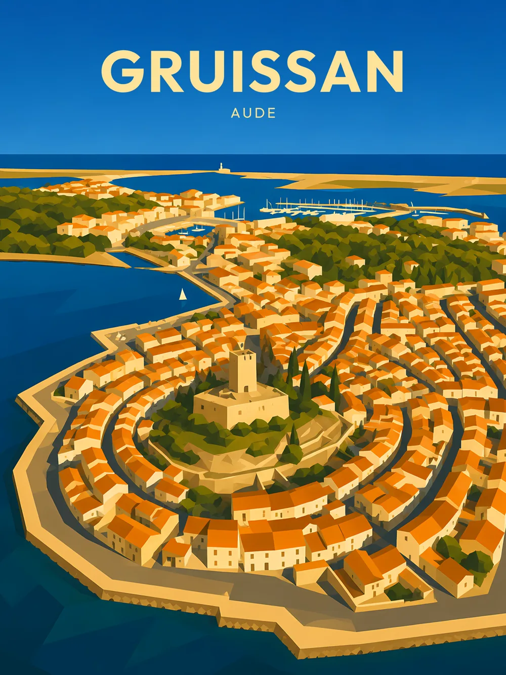 Illustration de Gruissan dans l'Aude réalisée dans un style d'affiche touristique vintage. L'image représente le célèbre village circulaire organisé autour de la Tour Barberousse, entouré par les étangs, le port de plaisance et les eaux de la Méditerranée, symbole incontournable du littoral audois.