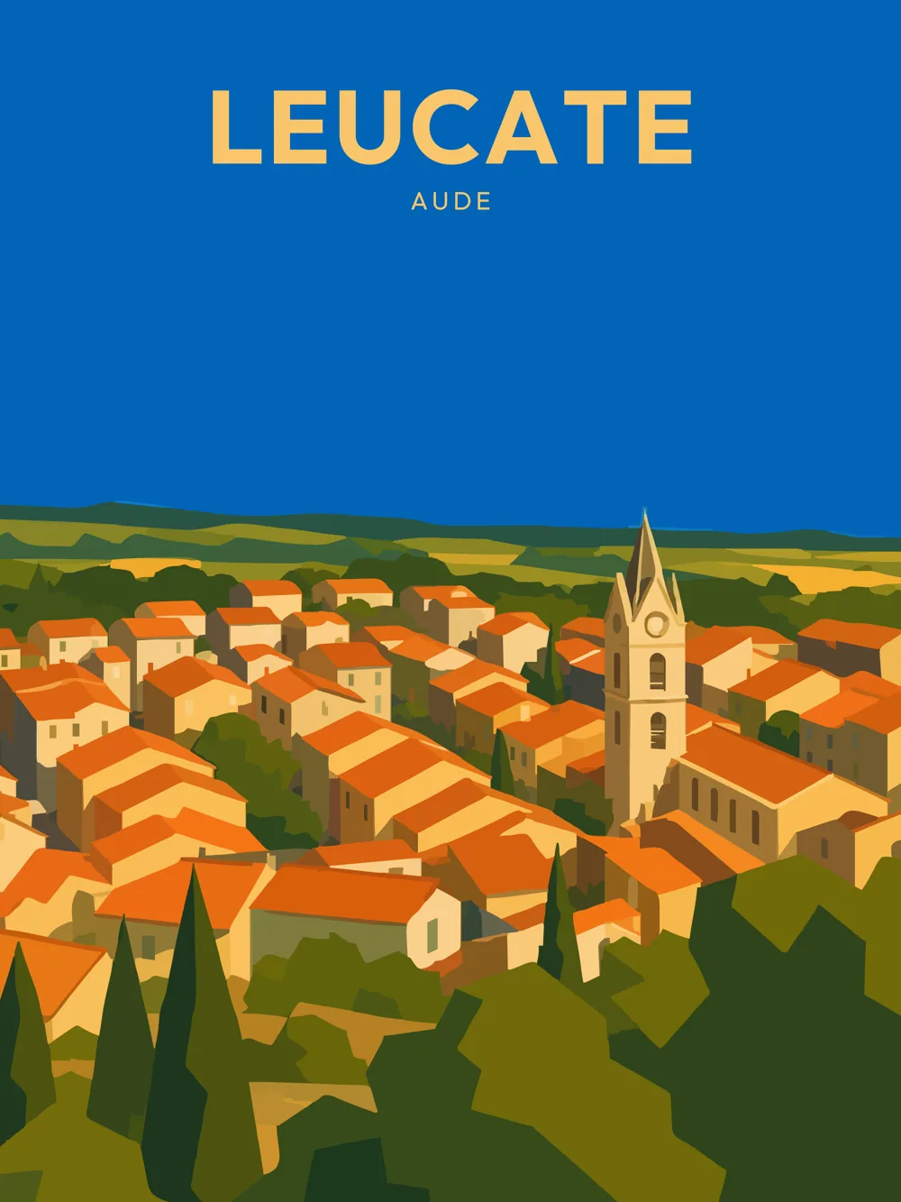Illustration de Leucate dans l'Aude réalisée dans un style d'affiche touristique vintage. L'image représente le village historique vu en hauteur, son église et son clocher dominant les maisons aux toits de tuiles, avec les paysages du littoral audois en arrière-plan, entre vignobles, étangs et Méditerranée.