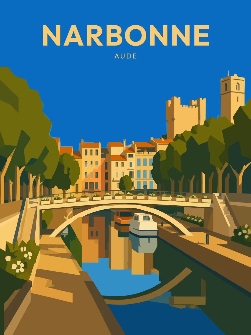 Illustration de Narbonne dans l'Aude réalisée dans un style d'affiche touristique vintage. L'image représente le canal de la Robine traversant le centre historique, le pont des Marchands, les bateaux amarrés et les imposantes tours du Palais des Archevêques, emblèmes incontournables de la cité narbonnaise.