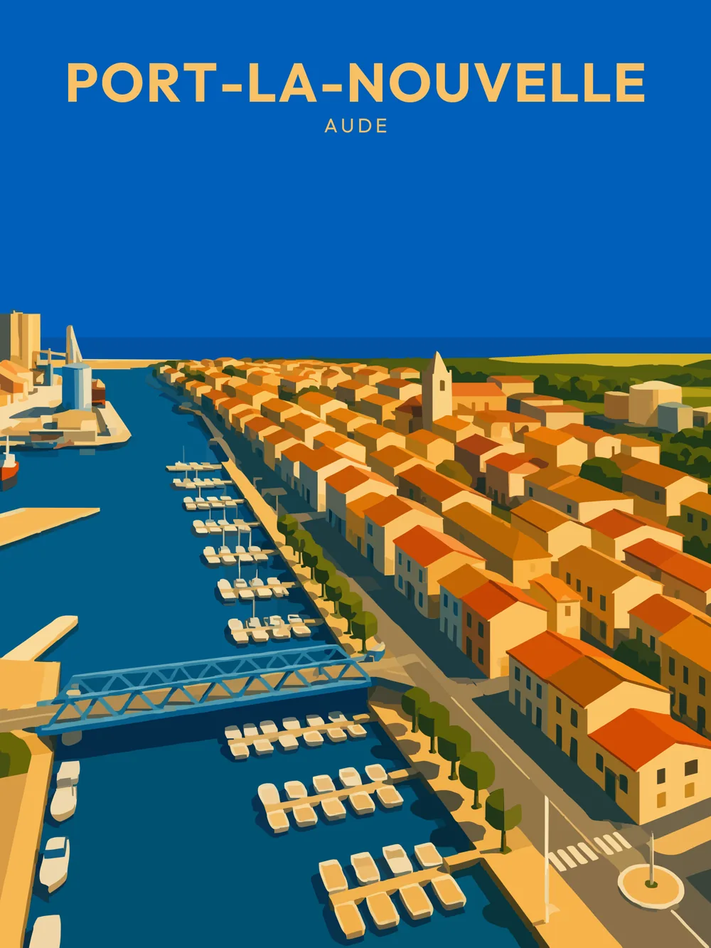 Illustration de Port-la-Nouvelle dans l'Aude réalisée dans un style d'affiche touristique vintage. L'image représente le chenal traversant la ville, les ports de plaisance, le pont levant, les bateaux et les façades aux toits de tuiles qui s'étendent jusqu'à la Méditerranée, symbole du principal port maritime de l'Aude.