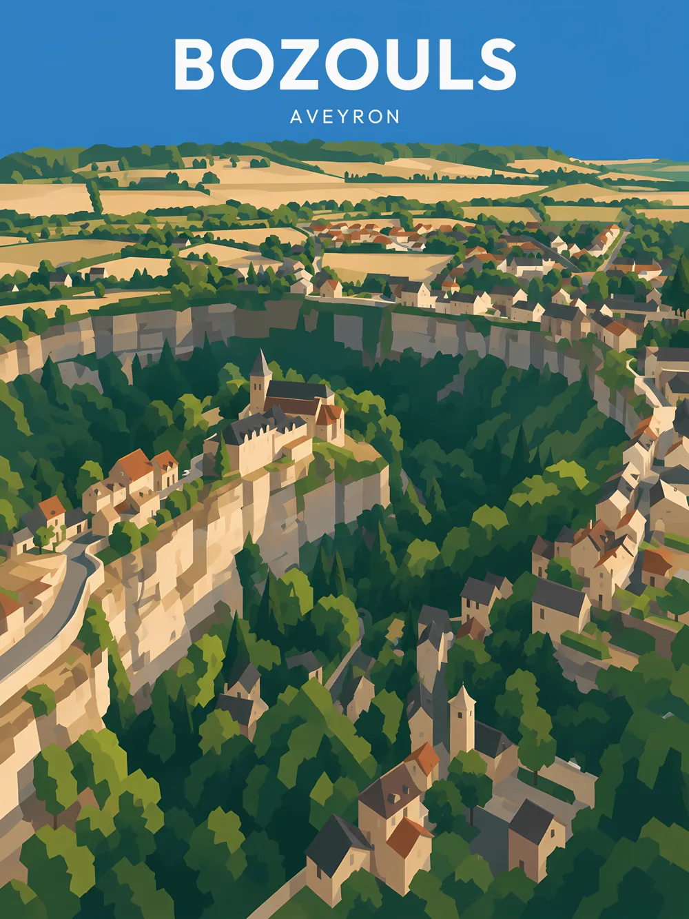 Illustration de Bozouls, dans le département de l'Aveyron, réalisée dans un style d'affiche touristique vintage. Cette composition offre une vue panoramique sur la commune, mettant en avant ses maisons typiques bâties sur les falaises abruptes. La végétation verdoyante contraste avec les falaises claires, tandis que les champs en arrière-plan ajoutent une touche de couleur. Le style graphique se caractérise par des aplats de couleurs et des formes géométriques simplifiées. Bozouls est remarquable pour son paysage unique et son riche patrimoine. Le patrimoine local est valorisé par cette représentation artistique.