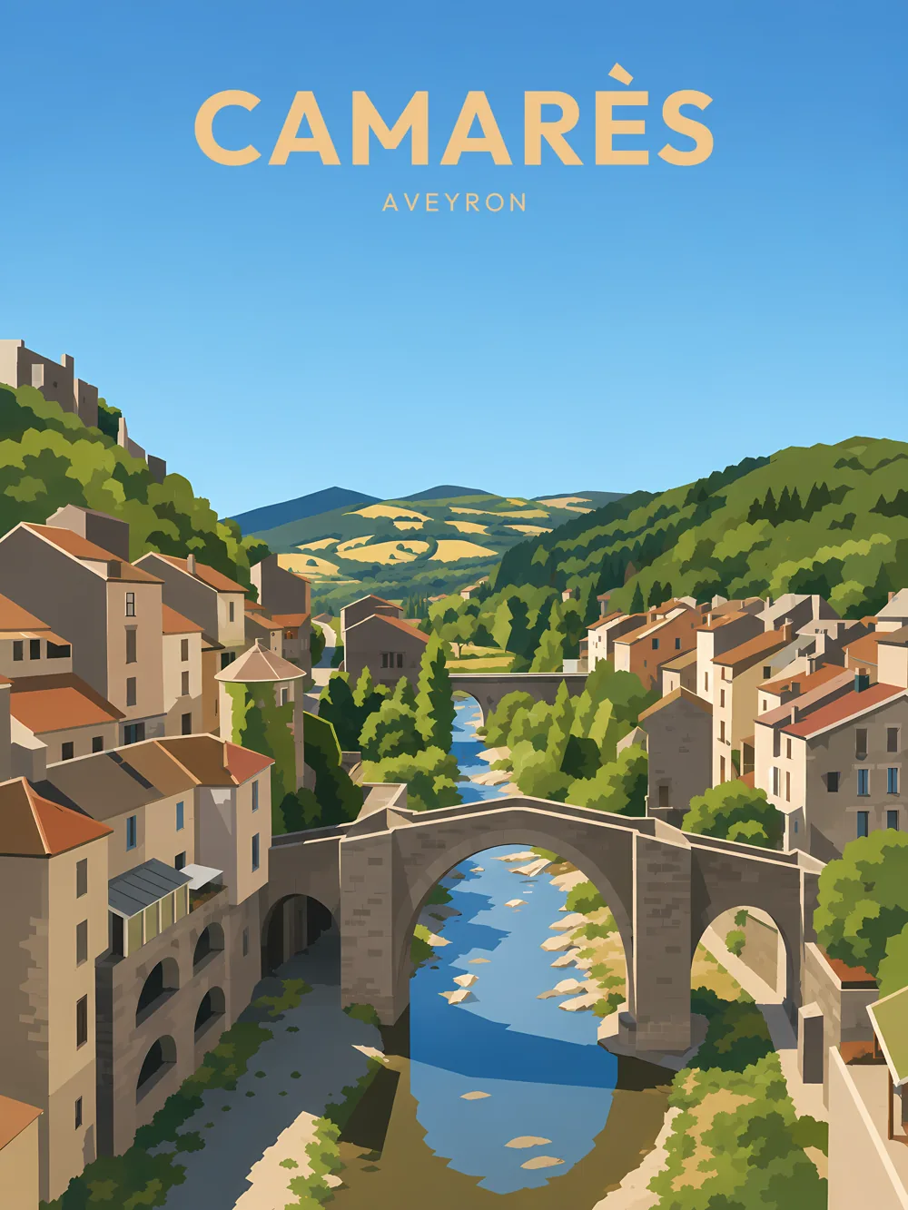 Illustration de Camarès, dans le département de l'Aveyron, réalisée dans un style d'affiche touristique vintage. La composition montre un pont médiéval en pierre surplombant une rivière, entouré de maisons en pierre et de collines verdoyantes. Le ciel est d'un bleu éclatant, créant une atmosphère sereine. Camarès est remarquable pour son riche patrimoine historique et son cadre naturel. Le village incarne la beauté de l'Aveyron et son architecture typique.