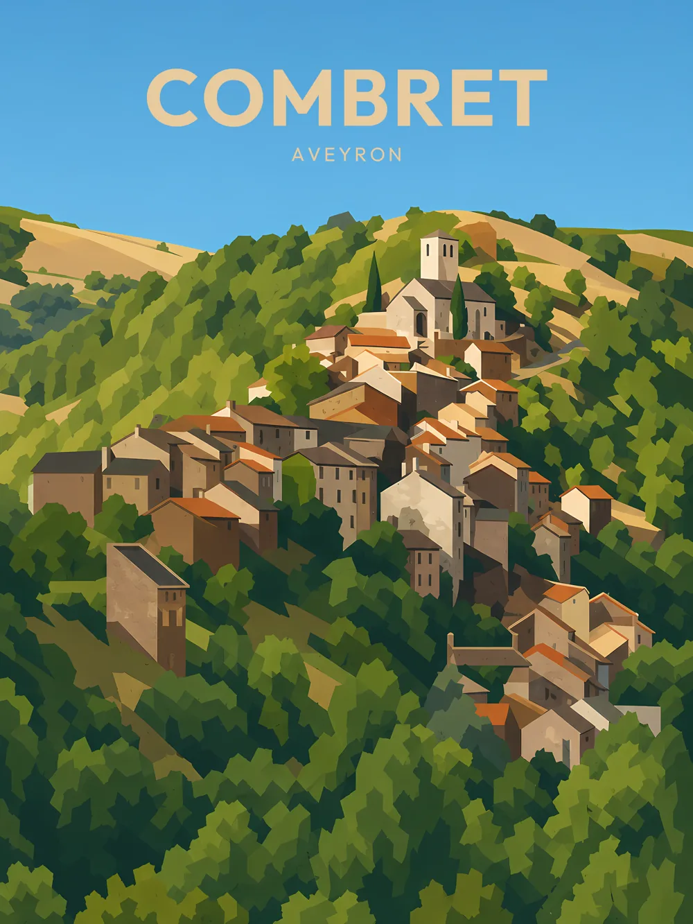 Illustration de Combret, dans le département de l'Aveyron, réalisée dans un style d'affiche touristique vintage. Le village est représenté sur une colline, avec des maisons aux façades variées, intégrées dans un paysage verdoyant. Les formes géométriques et les aplats de couleurs créent une composition harmonieuse, tandis que le ciel bleu ajoute une touche de luminosité. Combret est remarquable pour son architecture typique et son environnement naturel, faisant de cette commune un lieu de patrimoine à explorer.