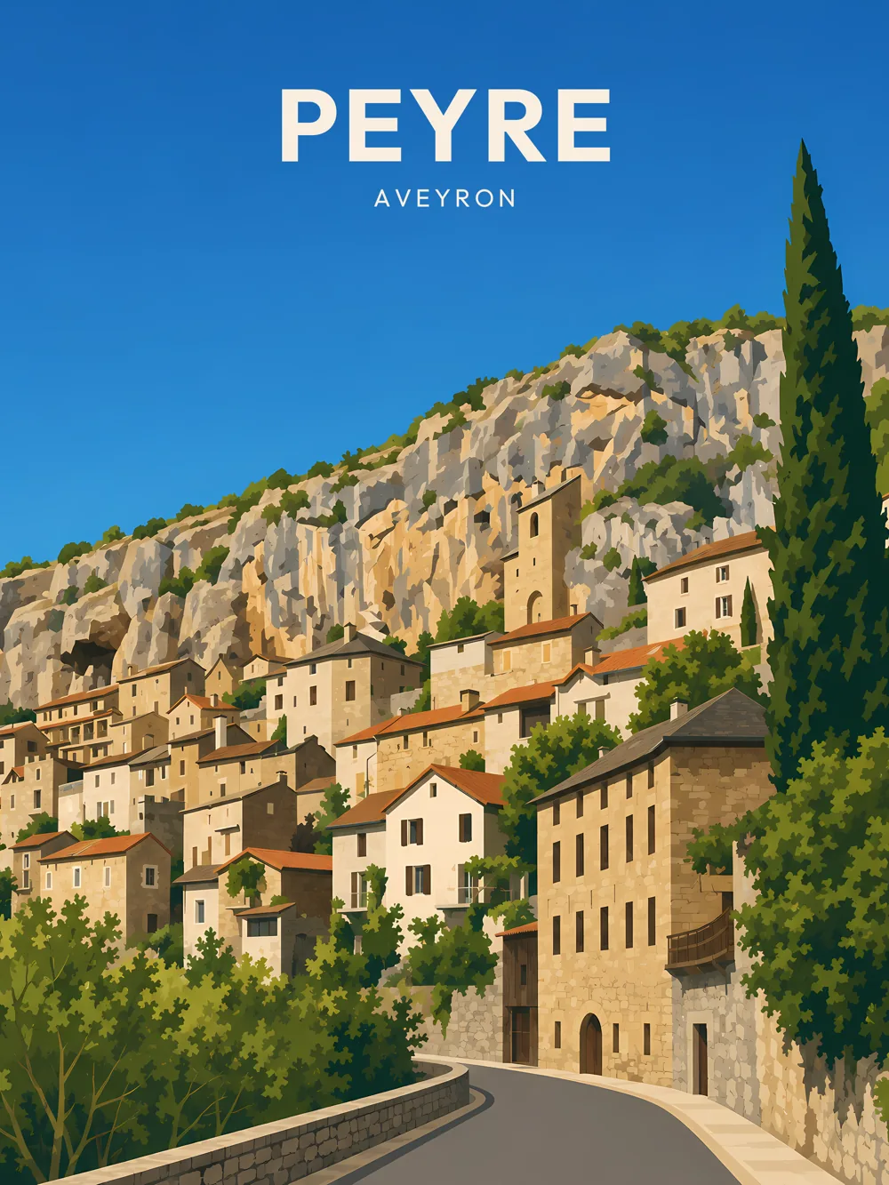 Illustration de Peyre, dans le département de l'Aveyron, réalisée dans un style d'affiche touristique vintage. La composition montre le village construit à flanc de falaise, avec des maisons aux façades claires et toits en tuiles. En arrière-plan, une falaise majestueuse domine l'horizon, tandis qu'une route serpente à travers la végétation. Les couleurs chaudes et le ciel bleu intense créent une atmosphère accueillante. Peyre est remarquable pour son patrimoine troglodyte et ses paysages spectaculaires. Le village est un trésor du patrimoine local, attirant les visiteurs pour sa beauté naturelle et son histoire.