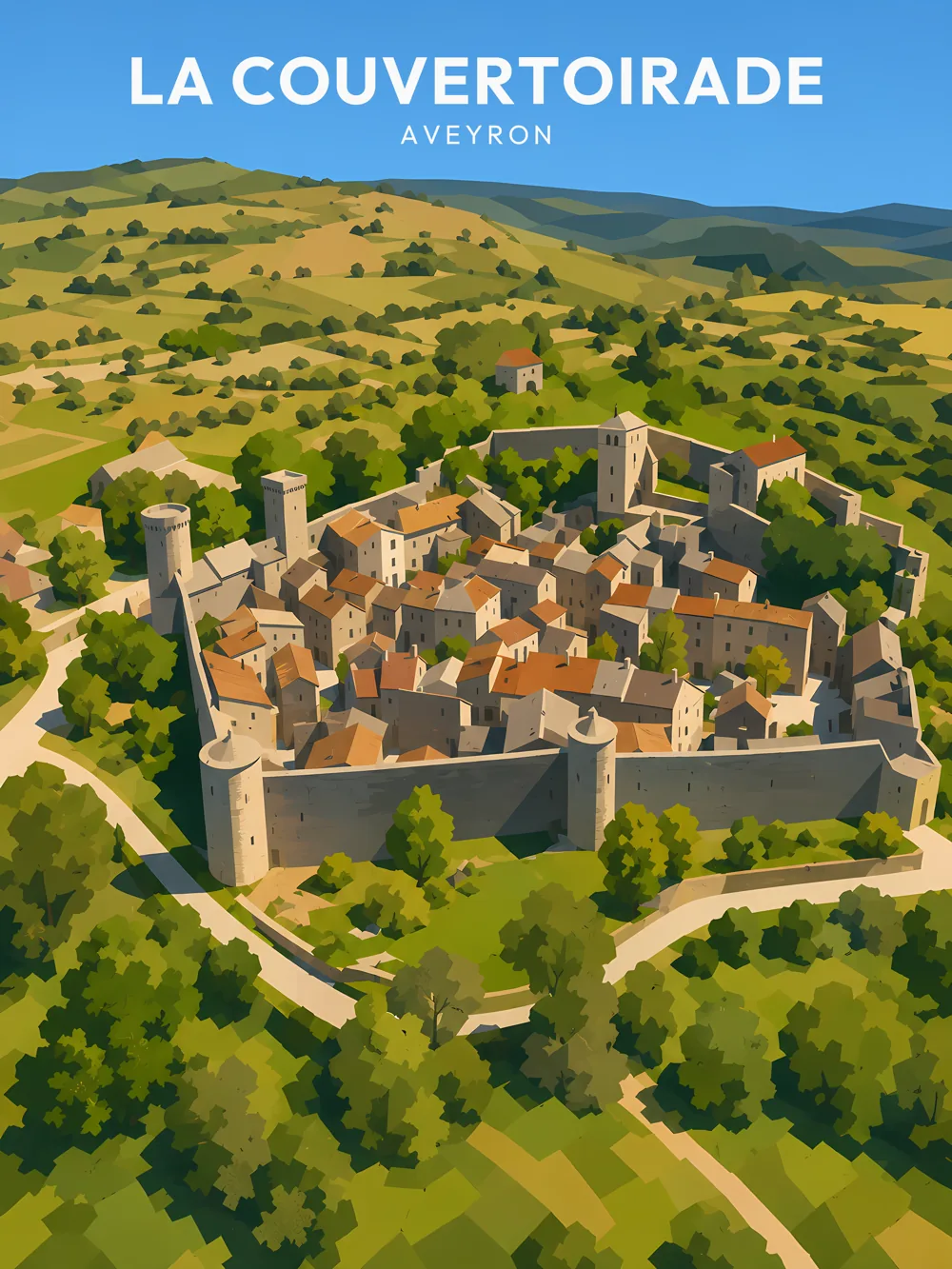 Illustration de La Couvertoirade, dans le département de l'Aveyron, réalisée dans un style d'affiche touristique vintage. La composition aérienne montre le village fortifié avec ses remparts et ses tours, entouré de verdure et de collines. Les maisons aux toits colorés créent un contraste harmonieux avec le paysage naturel. La lumière douce met en valeur les détails architecturaux et la palette de couleurs évoque la chaleur de la région. La Couvertoirade est remarquable pour son patrimoine médiéval bien préservé. Ce village fortifié est un véritable témoignage de l'histoire locale.