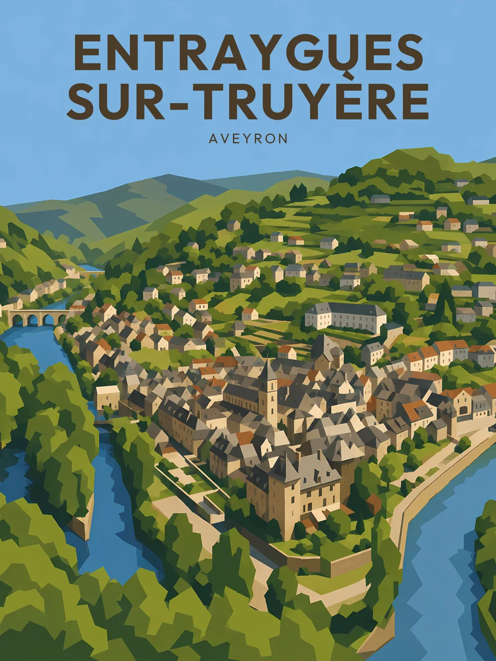 Illustration d'Entraygues-sur-Truyère, dans le département de l'Aveyron, réalisée dans un style d'affiche touristique vintage. La composition montre un point de vue aérien sur la commune, avec ses bâtiments historiques alignés le long de la Truyère et entourés de collines verdoyantes. Les couleurs sont vives, avec des aplats et des formes géométriques, créant une atmosphère chaleureuse et accueillante. Cette commune est remarquable pour son patrimoine architectural et son cadre naturel exceptionnel, offrant un véritable havre de paix aux visiteurs.
