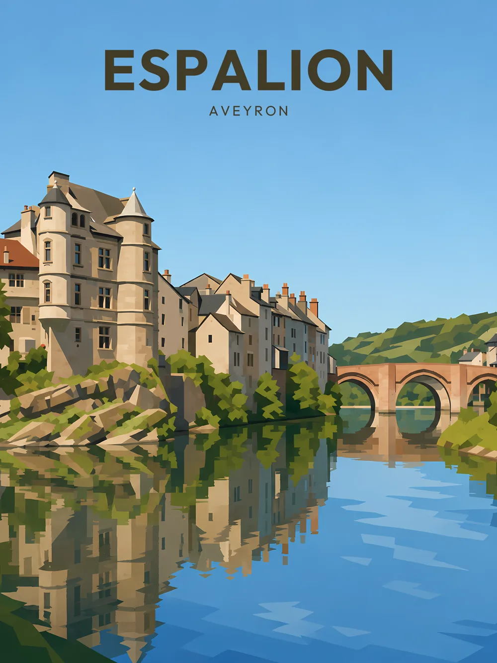Illustration d'Espalion, dans le département de l'Aveyron, réalisée dans un style d'affiche touristique vintage. La composition présente un bâtiment ancien au bord de la rivière avec un pont en pierre qui enjambe l'eau calme, reflétant les maisons et la verdure environnante. Les couleurs douces et les formes géométriques simplifiées créent une ambiance apaisante. Espalion est remarquable pour son riche patrimoine architectural et ses paysages pittoresques, faisant de cette commune un lieu de charme à découvrir.