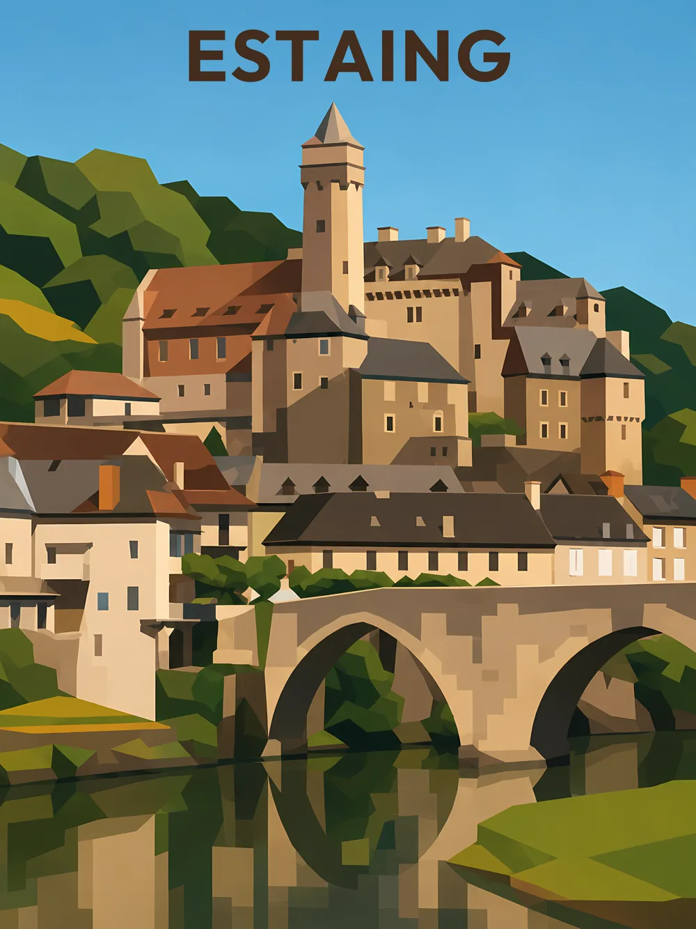 Illustration d'Estaing, dans le département de l'Aveyron, réalisée dans un style d'affiche touristique vintage. La composition présente le village avec son château médiéval surplombant des maisons typiques, le tout reflété dans la rivière. Les couleurs chaudes et la lumière du jour créent une ambiance accueillante, tandis que le style graphique utilise des formes géométriques et des aplats de couleur. Estaing est remarquable pour son patrimoine historique et son cadre naturel enchanteur, mettant en valeur le charme de l'Aveyron.