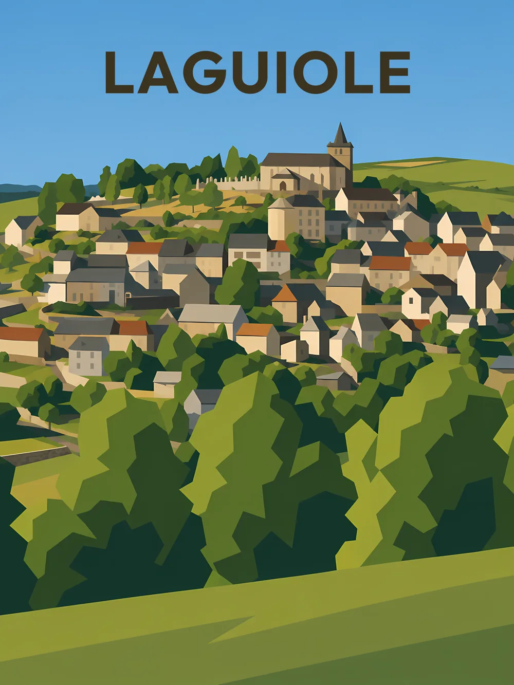 Illustration de Laguiole, dans le département de l'Aveyron, réalisée dans un style d'affiche touristique vintage. La composition présente le village sur une colline, avec ses bâtiments en pierre et son église au sommet, entourés de verdure luxuriante. Les formes géométriques et les aplats de couleurs dominent l'image, créant une atmosphère apaisante. Laguiole est réputée pour son artisanat et son patrimoine, faisant de cette commune un lieu d'intérêt pour les visiteurs. Le patrimoine local est mis en valeur par cette illustration.