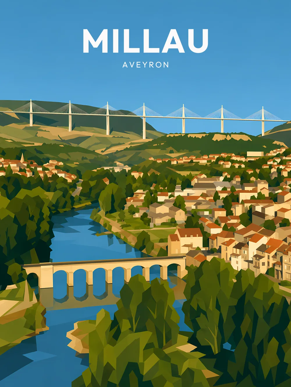 Illustration de Millau, dans le département de l'Aveyron, réalisée dans un style d'affiche touristique vintage. L'image présente le Viaduc de Millau surplombant une vallée verdoyante, avec une rivière serpentant à travers le paysage. Les bâtiments de la ville sont visibles dans le bas de la composition, tandis que les collines environnantes ajoutent de la profondeur à la scène. Le style graphique se caractérise par des aplats de couleurs et des formes géométriques simplifiées. Millau est remarquable pour son viaduc, un symbole de l'architecture moderne, et son patrimoine naturel impressionnant.