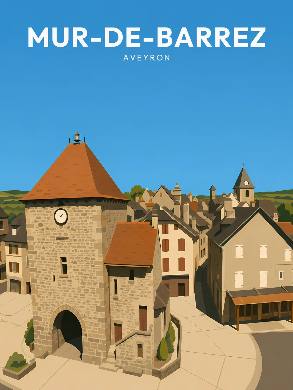 Illustration de Mur-de-Barrez, dans le département de l'Aveyron, réalisée dans un style d'affiche touristique vintage. La composition montre une vue aérienne du village, avec une tour en pierre et un toit rouge au premier plan, tandis que les maisons en pierre s'étendent en arrière-plan. La lumière douce met en valeur les détails architecturaux, et le ciel bleu crée une ambiance chaleureuse. Mur-de-Barrez est remarquable pour son patrimoine médiéval et ses paysages environnants. Le village offre une expérience authentique de la région Occitanie.