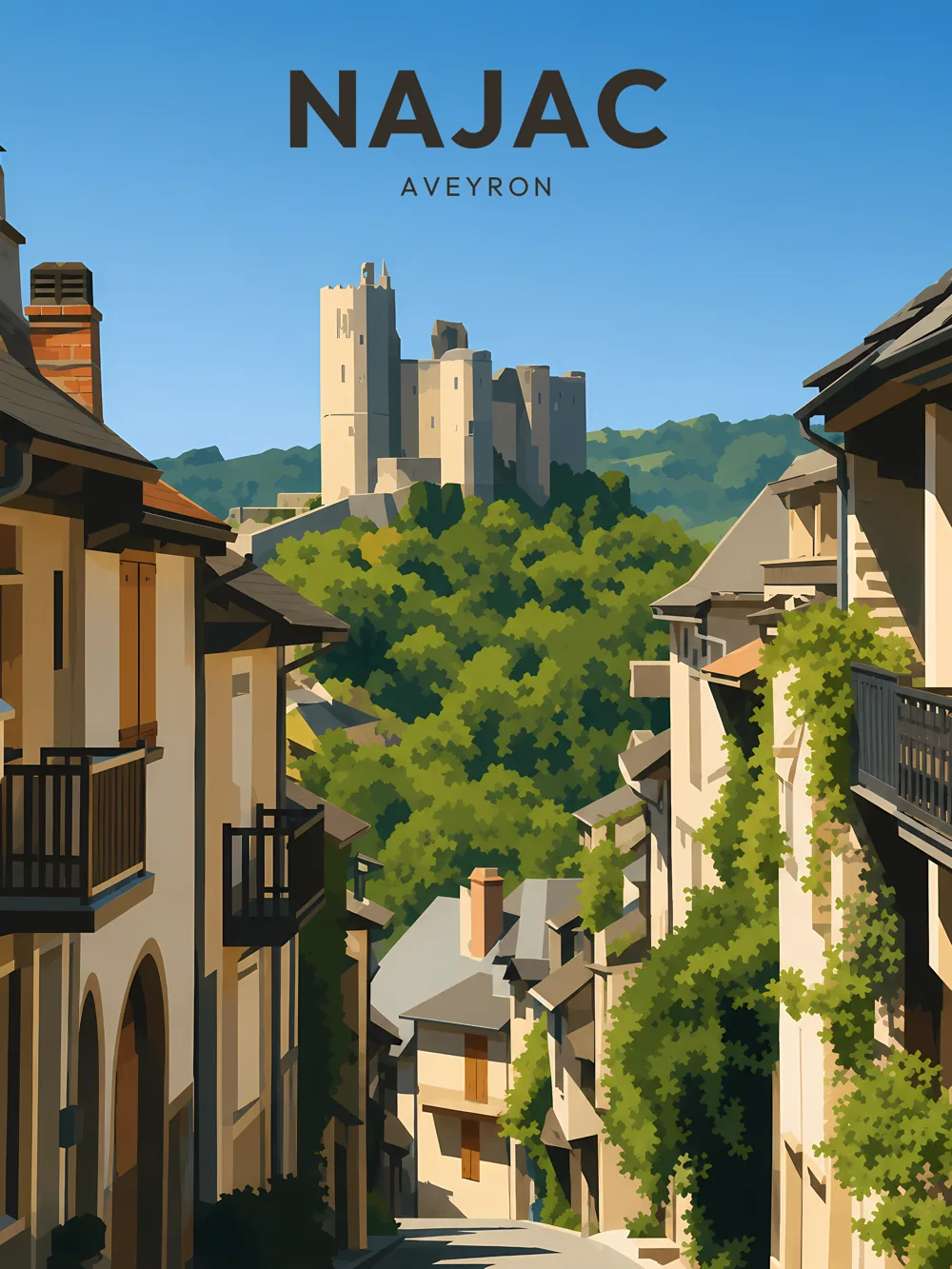 Illustration de Najac, dans le département de l'Aveyron, réalisée dans un style d'affiche touristique vintage. L'image montre une rue étroite bordée de maisons avec balcons en bois, menant à un château médiéval perché sur une colline verdoyante. Les couleurs sont chaudes et lumineuses, avec des formes géométriques simplifiées, typiques des affiches rétro. Najac est remarquable pour son patrimoine médiéval et ses paysages naturels, offrant une immersion dans l'histoire et la beauté de la région. Le patrimoine local est à la fois riche et accessible.