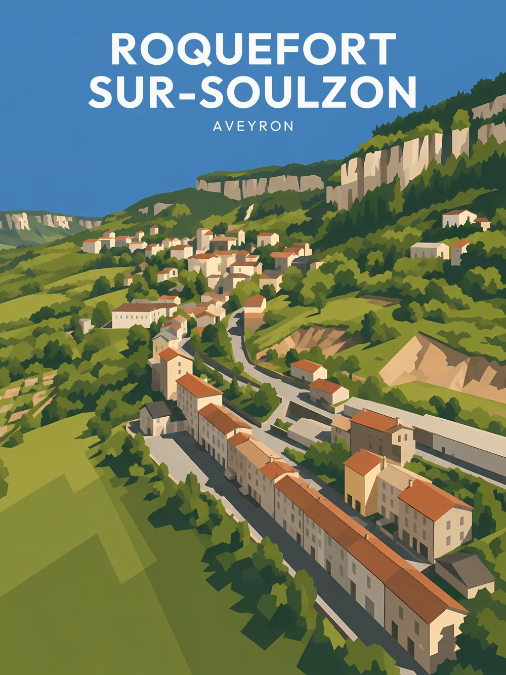 Illustration de Roquefort-sur-Soulzon, dans le département de l'Aveyron, réalisée dans un style d'affiche touristique vintage. La composition présente une vue panoramique du village, avec des maisons aux toits rouges s'étalant le long d'une vallée verdoyante. Les collines verdoyantes en arrière-plan créent un contraste saisissant avec le ciel bleu. Ce style graphique rétro utilise des aplats de couleurs et des formes simplifiées. Roquefort-sur-Soulzon est réputée pour son fromage et son patrimoine naturel exceptionnel, valorisant ainsi son caractère unique.