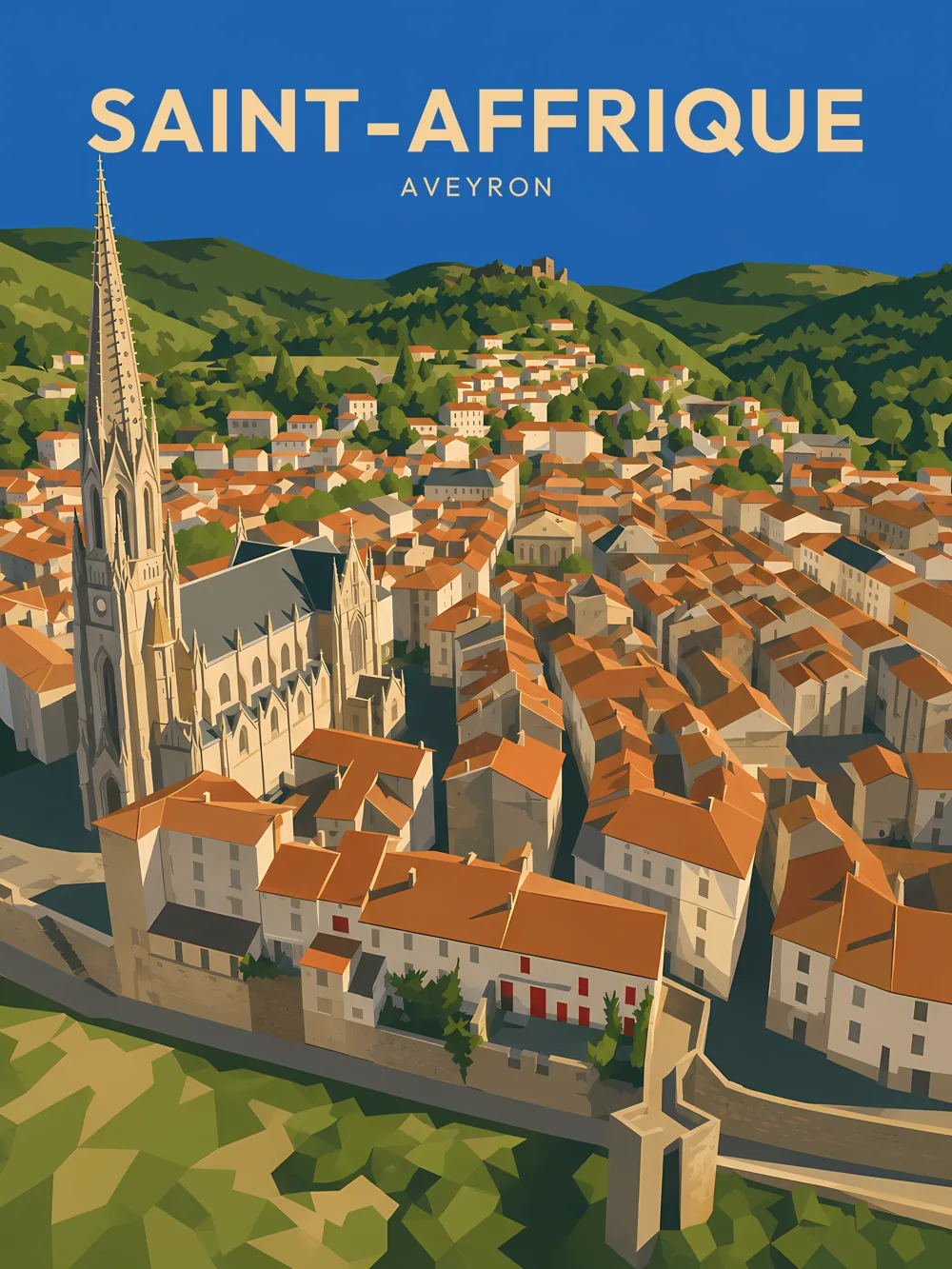 Illustration de Saint-Affrique, dans le département de l'Aveyron, réalisée dans un style d'affiche touristique vintage. L'image montre une vue aérienne de la commune, avec un clocher élancé d'une église en premier plan, entouré de maisons à toits de tuiles. Les collines verdoyantes en arrière-plan ajoutent une dimension naturelle à la scène. La palette de couleurs est chaleureuse, avec des aplats de teintes méditerranéennes. Saint-Affrique est remarquable pour son patrimoine historique et son ambiance tranquille, offrant une expérience authentique aux visiteurs.
