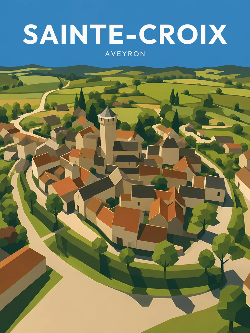 Illustration de Sainte-Croix, dans le département de l'Aveyron, réalisée dans un style d'affiche touristique vintage. Cette composition met en lumière le village circulaire, avec ses maisons aux toits de tuiles rouges, la tour centrale et les routes sinueuses qui serpentent à travers un paysage verdoyant. Les formes géométriques et les aplats de couleurs chaudes créent une atmosphère accueillante. Sainte-Croix est remarquable pour son patrimoine architectural et son environnement naturel préservé, faisant de cette commune un lieu de charme à explorer.