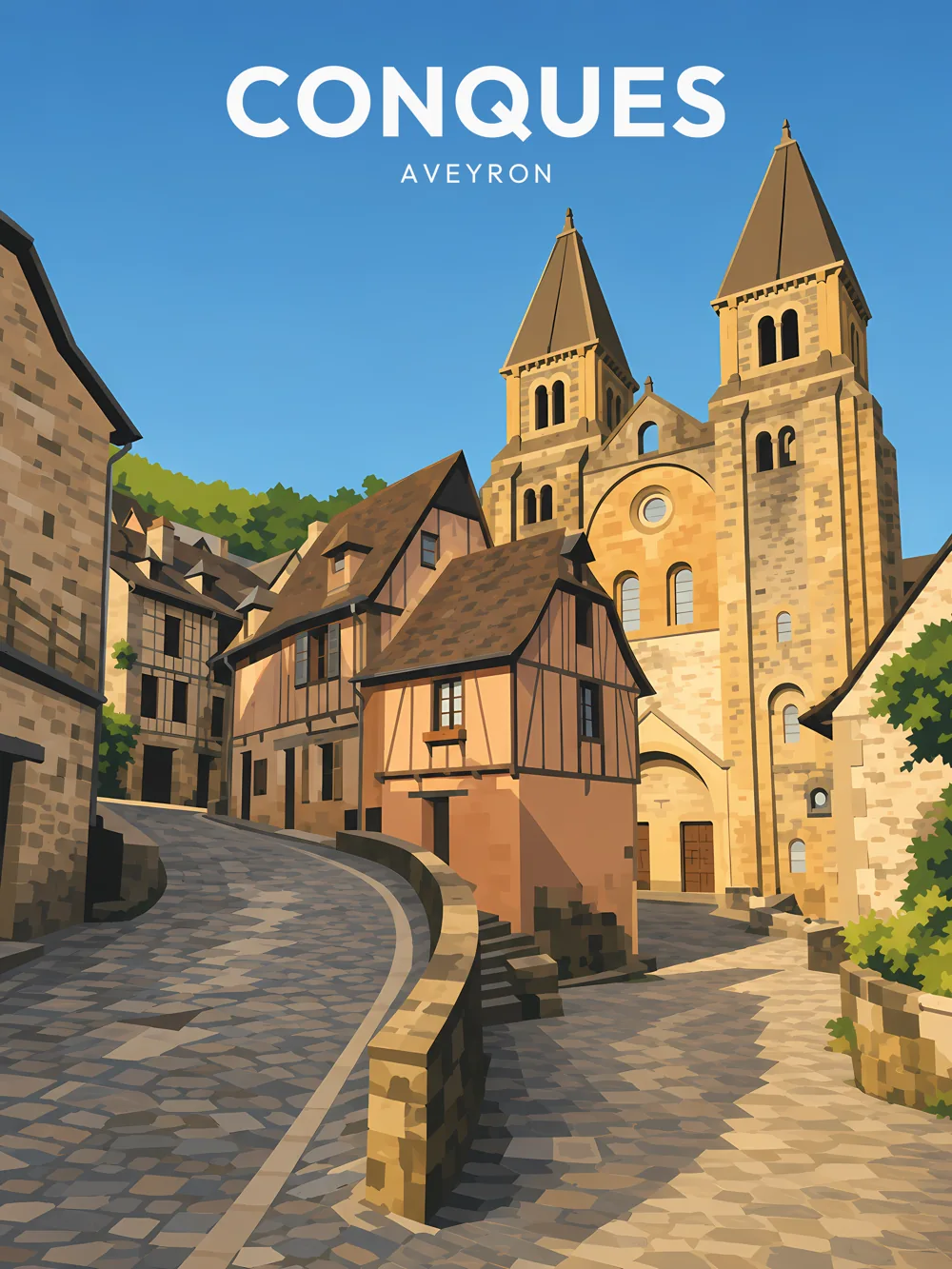 Illustration de Conques-en-Rouergue, dans le département de l'Aveyron, réalisée dans un style d'affiche touristique vintage. L'image montre des maisons en pierre et à colombages, une ruelle pavée et, en arrière-plan, l'abbatiale avec ses deux tours caractéristiques. Les couleurs chaudes et la lumière douce ajoutent à l'atmosphère accueillante de ce village médiéval. Conques-en-Rouergue est remarquable pour son architecture historique et son ambiance tranquille. Le patrimoine local est un véritable témoignage de l'histoire régionale.