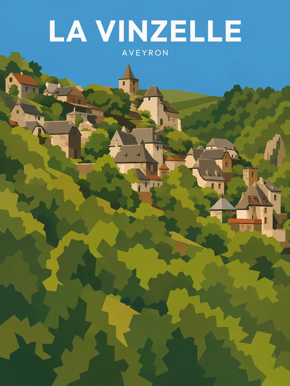 Illustration de La Vinzelle, dans le département de l'Aveyron, réalisée dans un style d'affiche touristique vintage. Cette composition met en avant un village médiéval avec des maisons aux toits en pente, entourées de collines verdoyantes et d'une végétation luxuriante. Les couleurs dominantes sont des verts éclatants et des tons terreux, évoquant la beauté naturelle de la région. La lumière douce souligne les formes géométriques simplifiées de l'illustration, créant une ambiance chaleureuse. Conques-en-Rouergue est réputée pour son riche patrimoine historique et son environnement naturel. Le village de La Vinzelle incarne le charme rural de l'Aveyron.